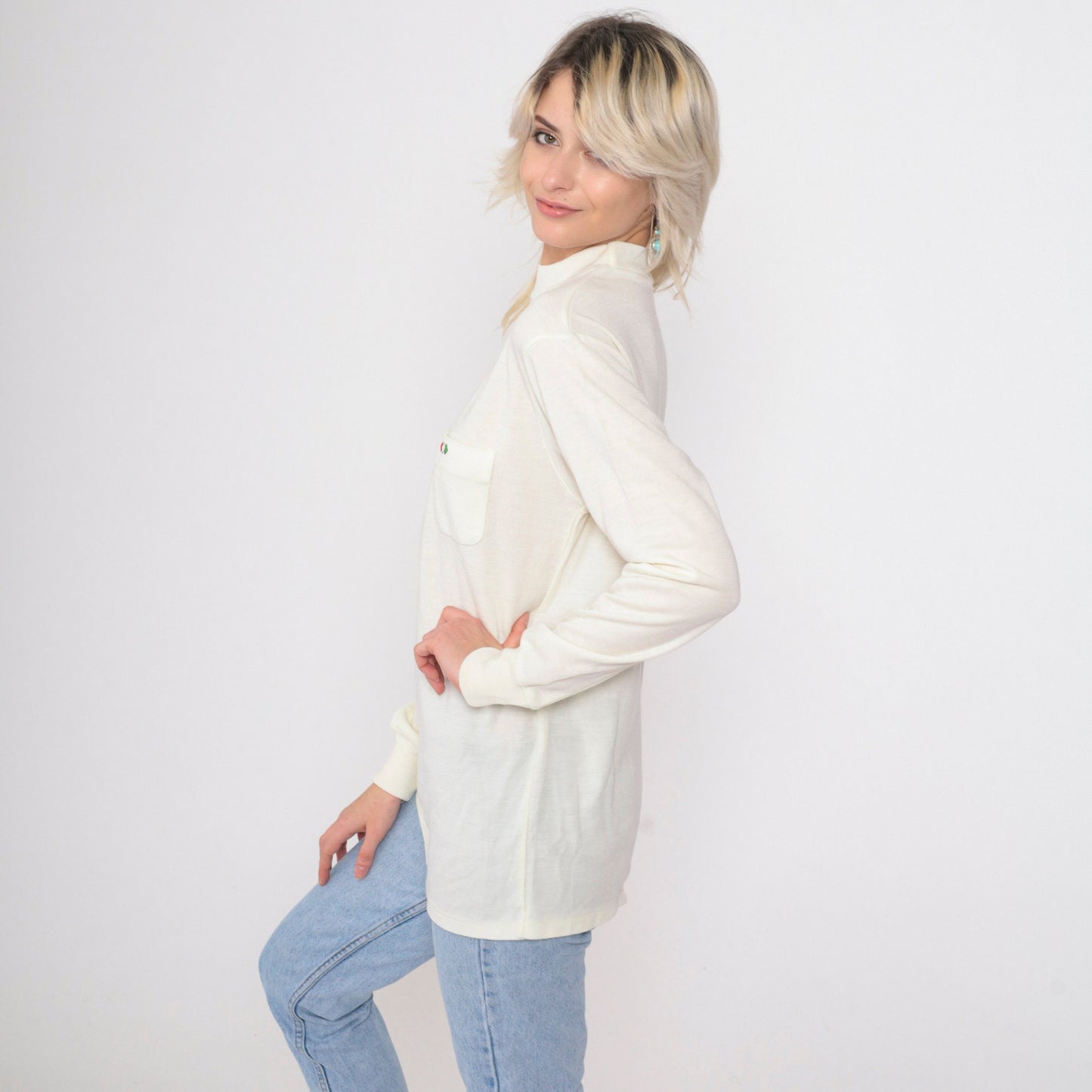 80s Mock Neck Shirt Cream Diamond Pocket Long Sleeve Top Small