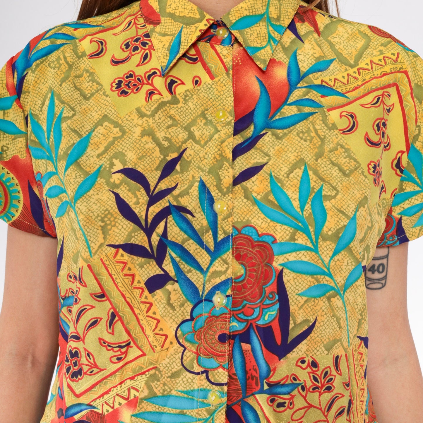 90s Mixed Print Button-Up Blouse Floral Snakeskin Mandala Yellow Orange Medium
