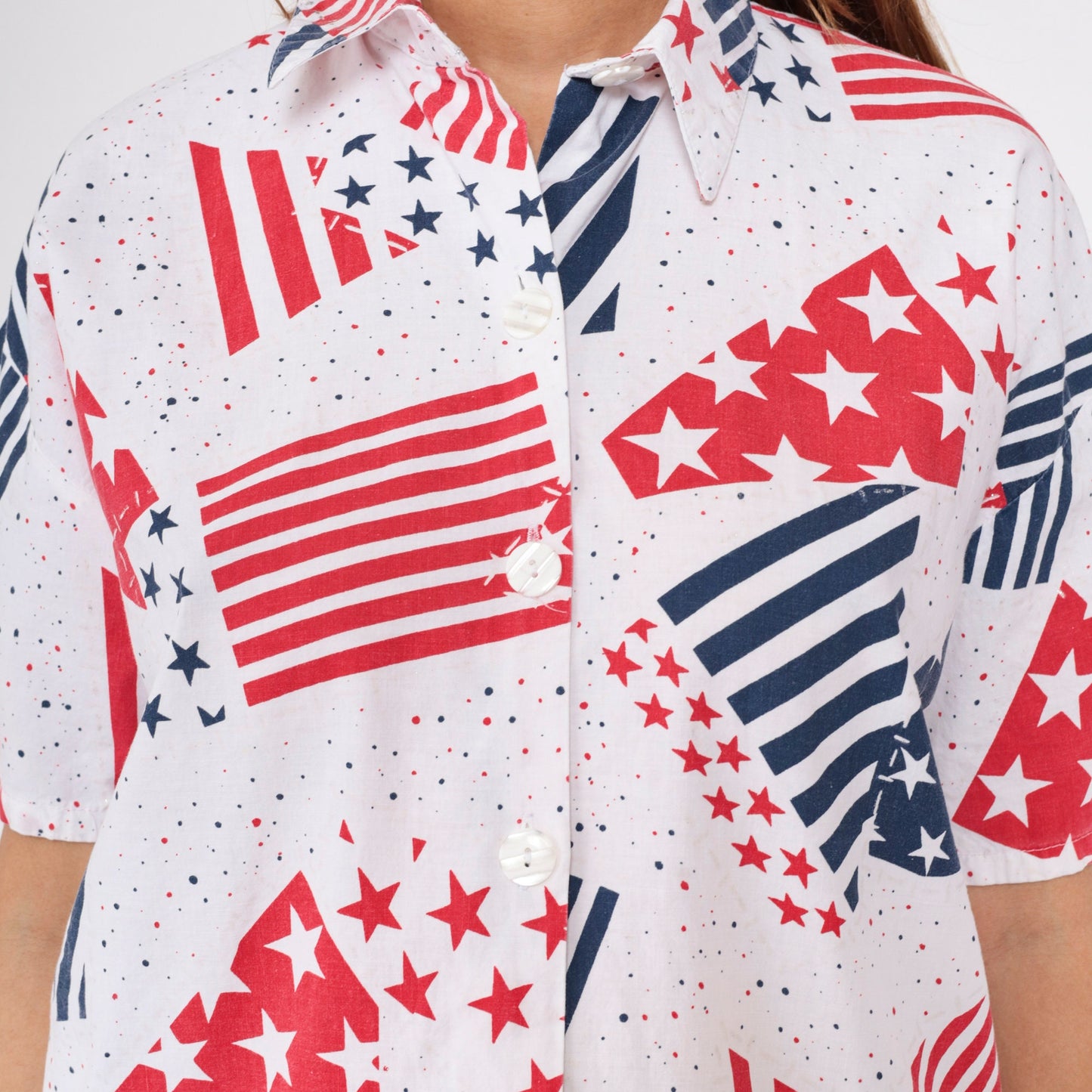 90s Stars and Stripes Button-Up Blouse Red White Blue American Flag Large L