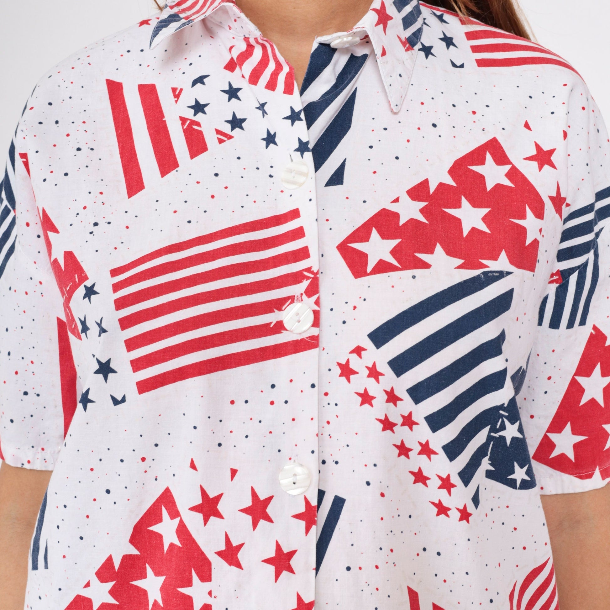 90s Stars and Stripes Button-Up Blouse Red White Blue American Flag Large L