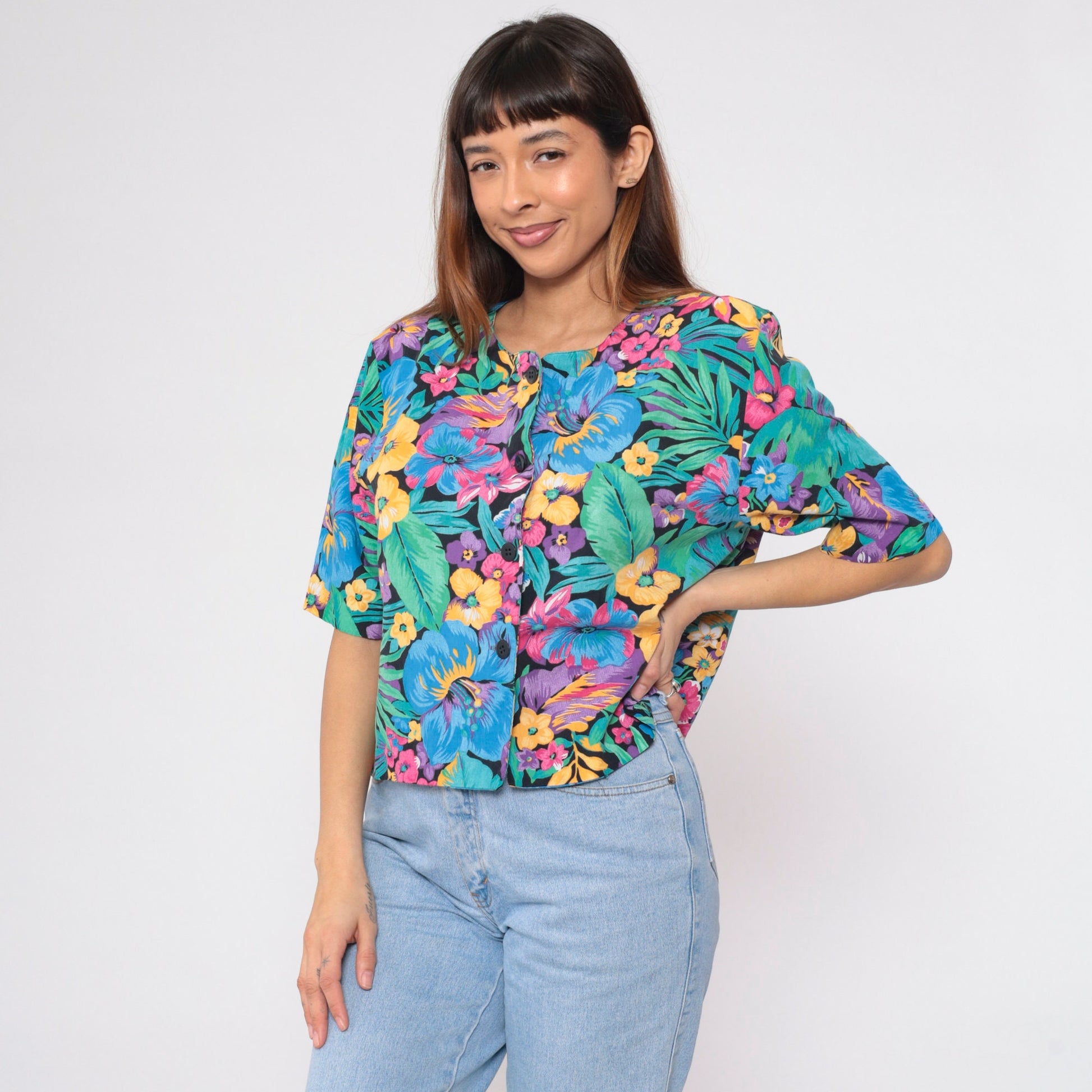 90s Black Tropical Floral Crop Top Button-Up Blouse Short Sleeve Large L