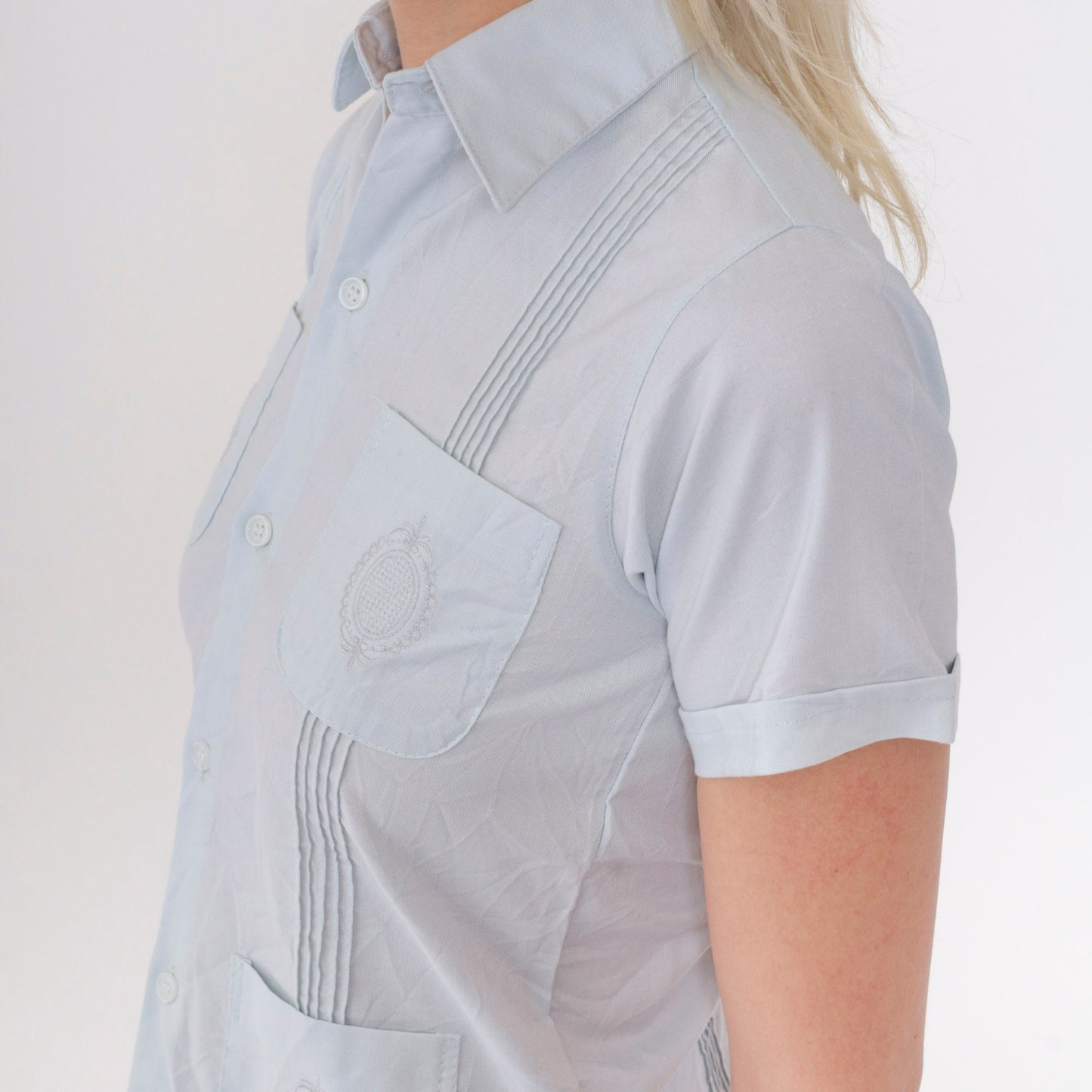 80s Baby Blue Embroidered Pintuck Button-Up Shirt Short Sleeve XXS
