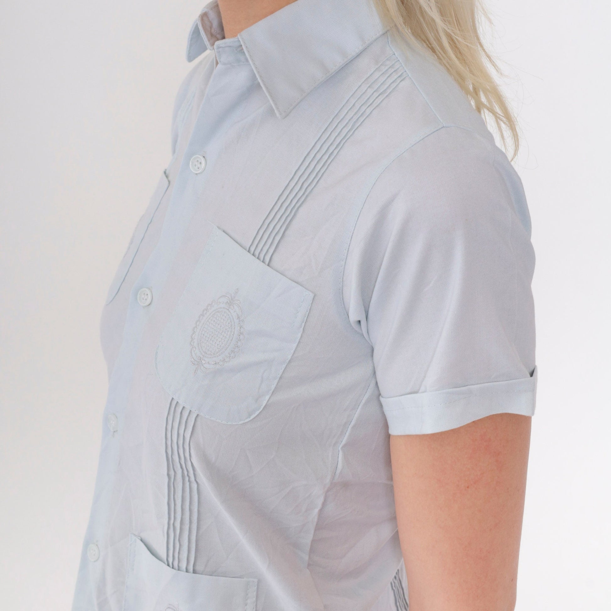 80s Baby Blue Embroidered Pintuck Button-Up Shirt Short Sleeve XXS