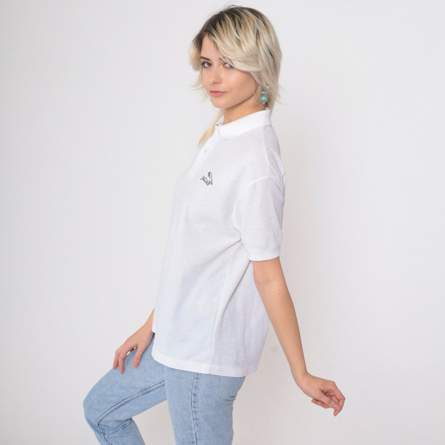 80s Jaguar Logo Polo Shirt White Cotton Graphic Button-Up Medium