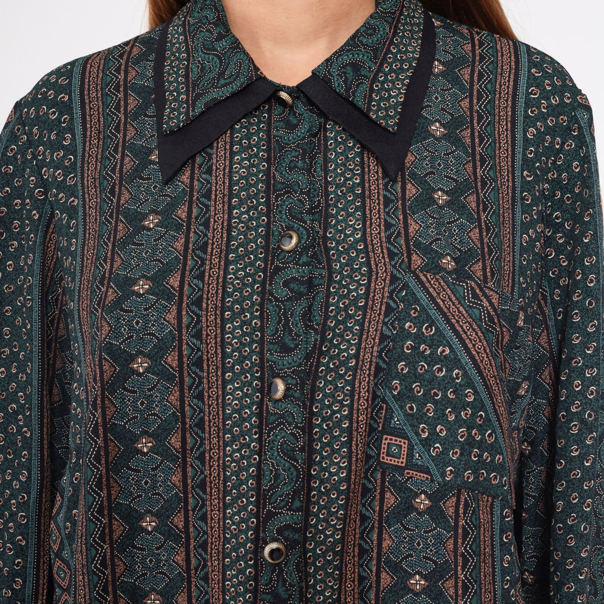 90s Striped Abstract Print Button-Up Blouse Layered Collar Long Sleeve Plus Size XXL