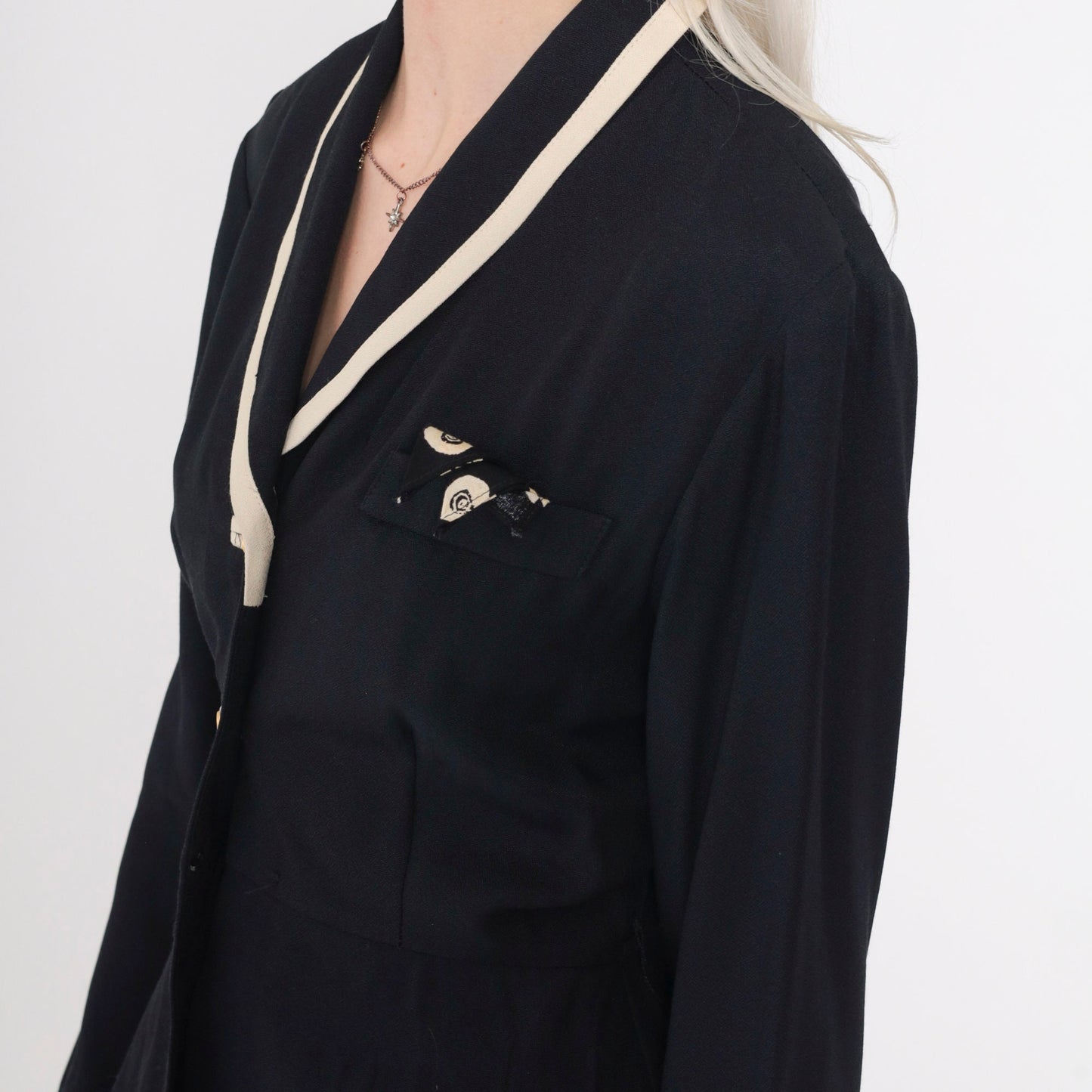 90s Black Blazer with Cream Trim Peplum Jacket Gold Buttons Small
