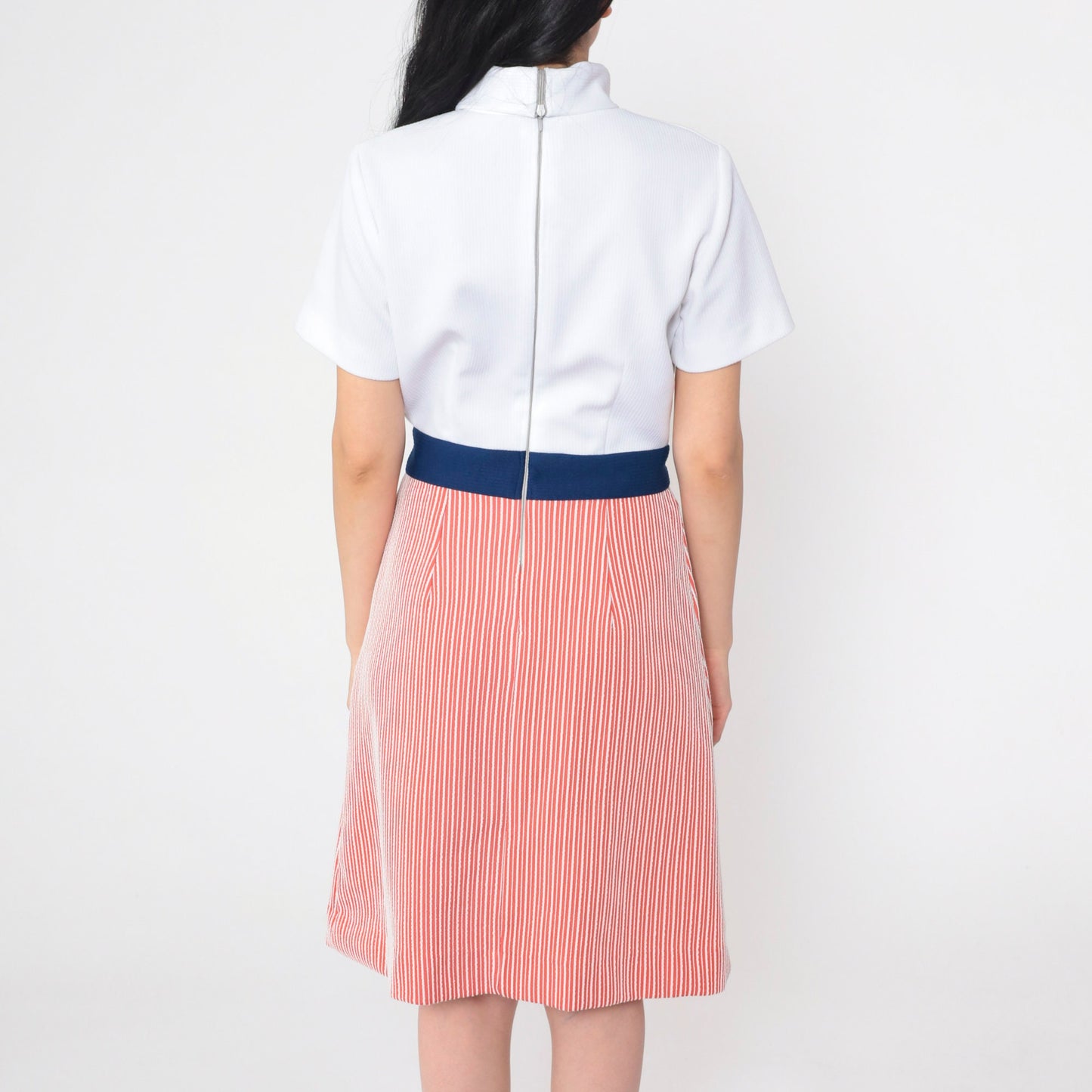 60s Striped Shift Dress Mock Neck Mini Red White Navy Blue Medium M