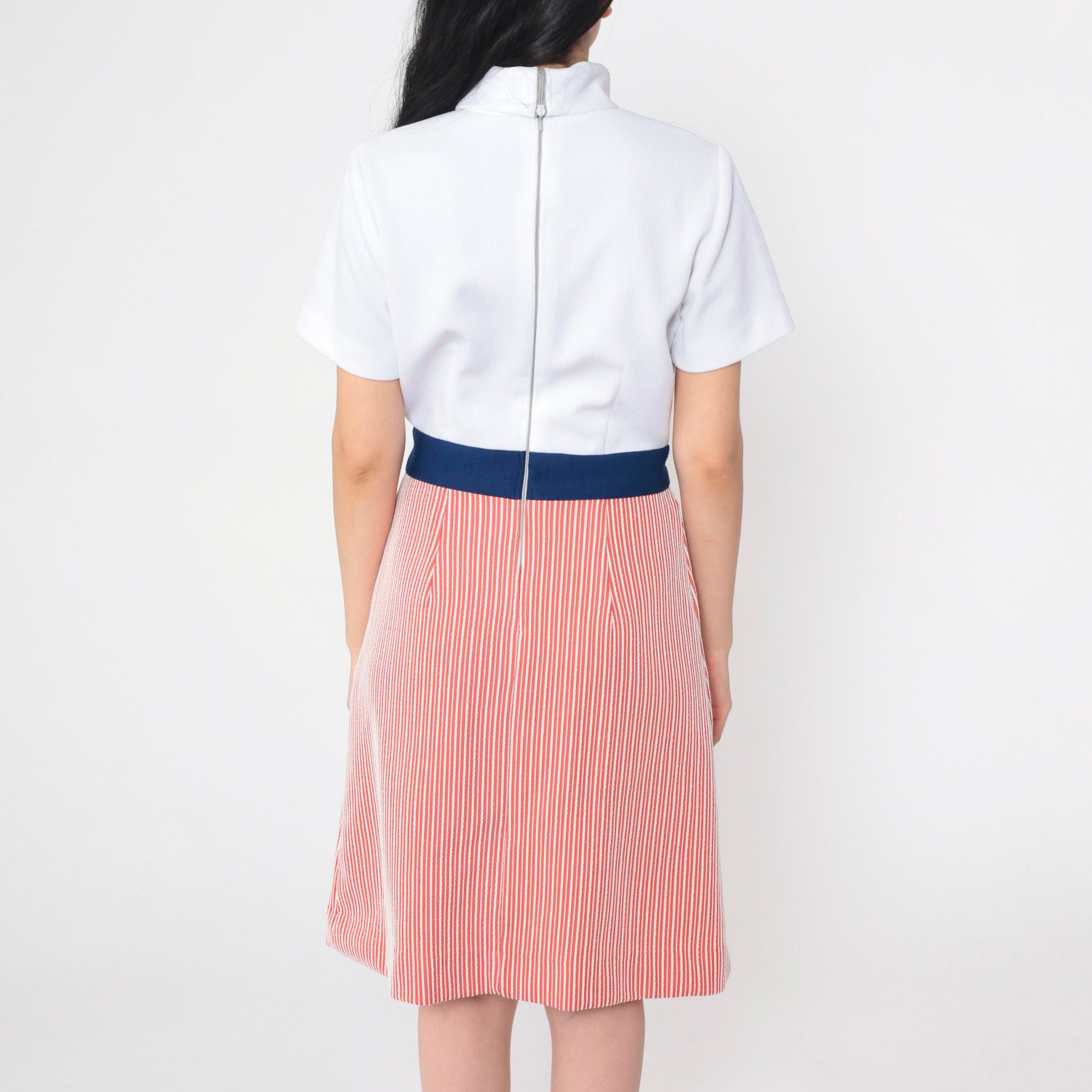 60s Striped Shift Dress Mock Neck Mini Red White Navy Blue Medium M