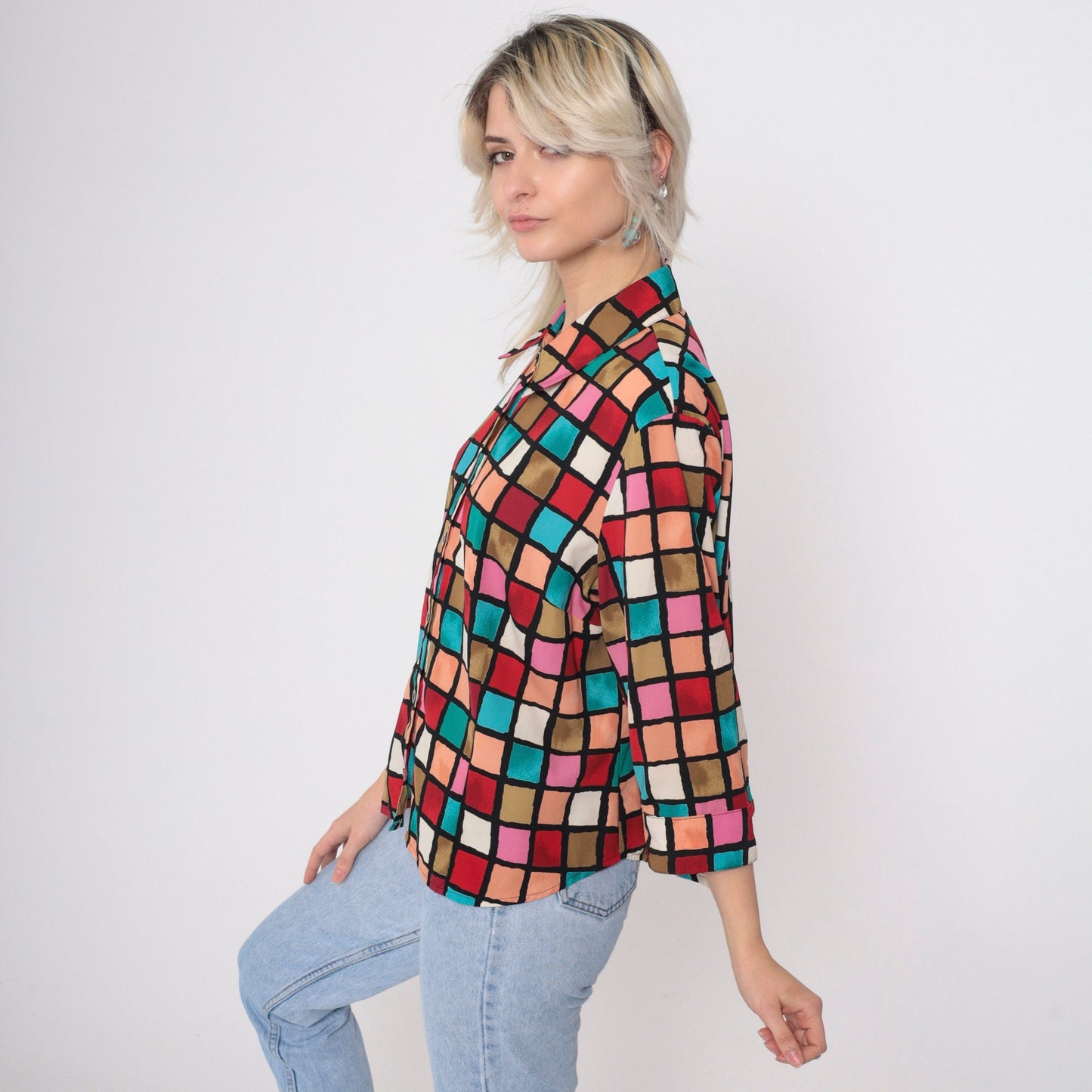 90s Checkered Button-Up Blouse 3/4 Sleeve Red Pink Turquoise Preppy Extra Large