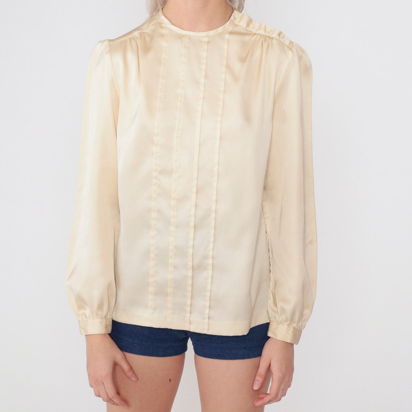 80s Cream Satin Blouse Puff Sleeve Pleated Shoulder Button Medium