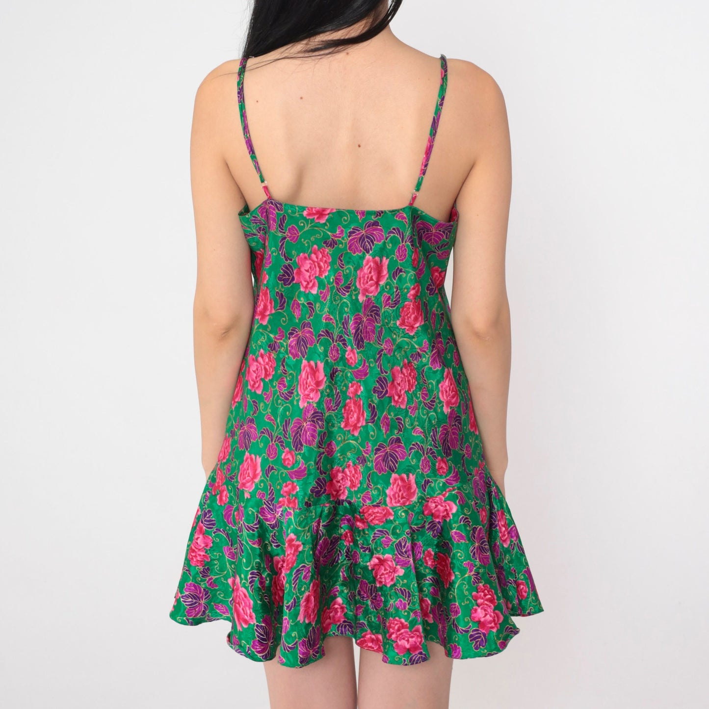 90s Green Floral Mini Slip Dress Drop Waist Spaghetti Strap Small M