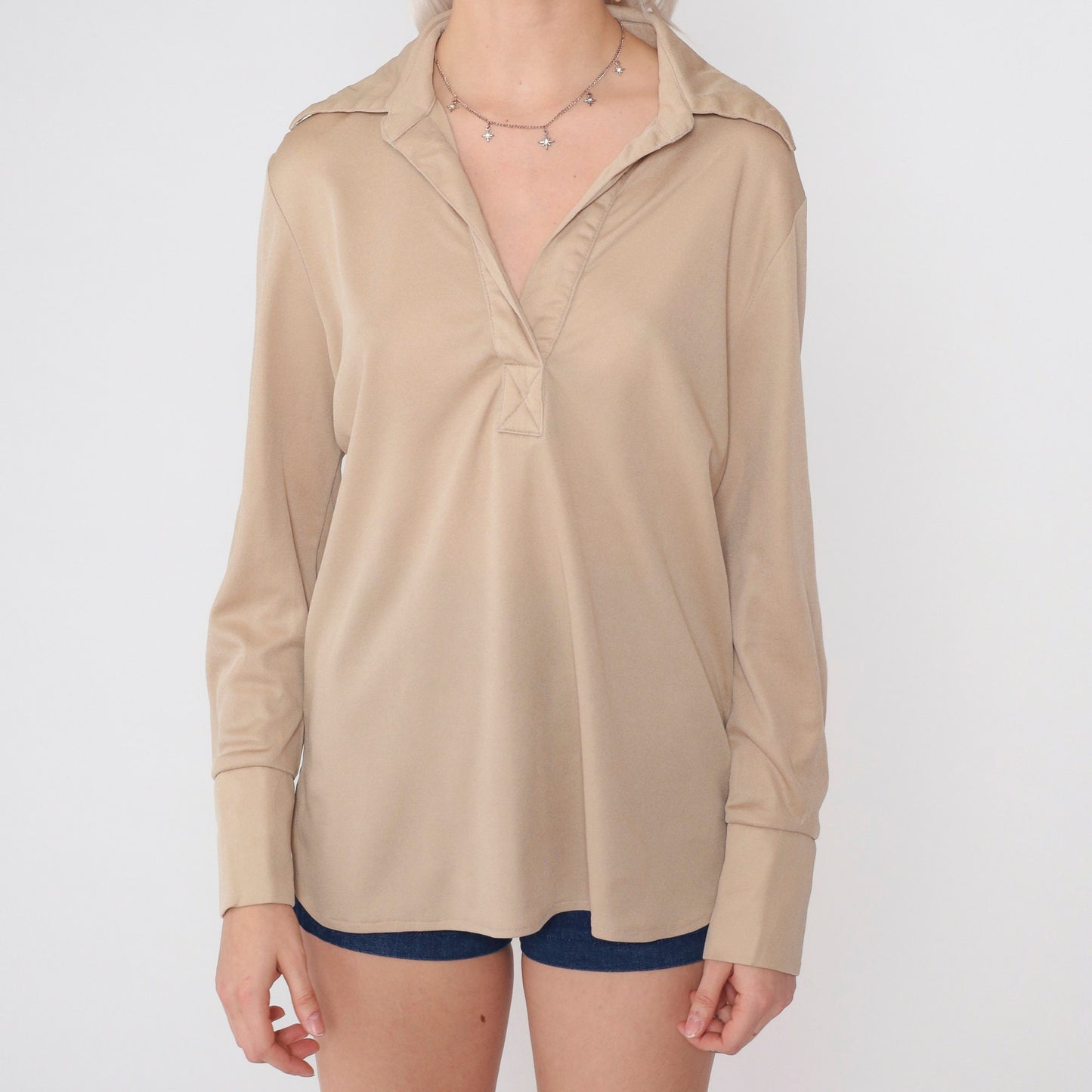 70s Tan Johnny Collar Long Sleeve Blouse Large L