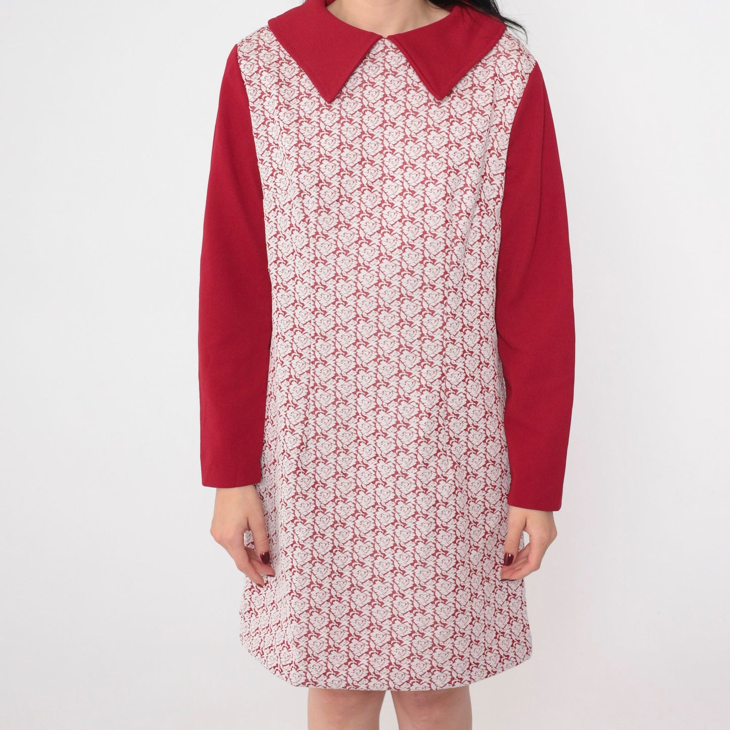 70s Red Heart Floral Mini Dress Collared Long Sleeve Shift Medium M