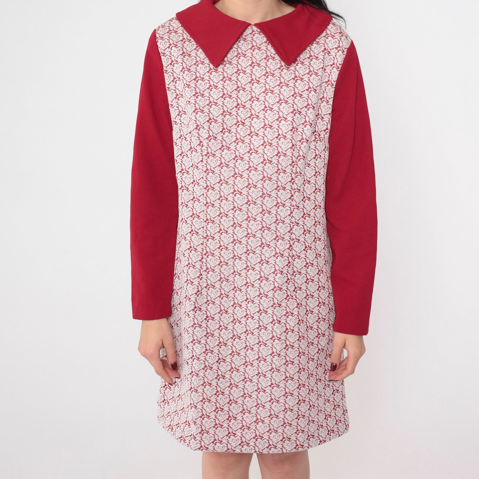 70s Red Heart Floral Mini Dress Collared Long Sleeve Shift Medium M