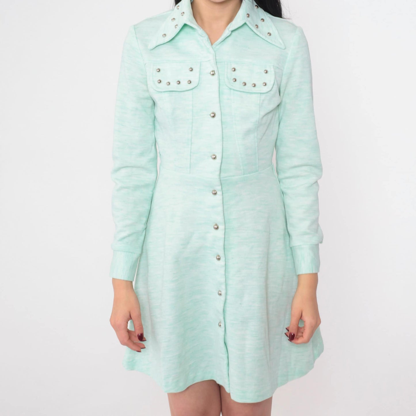 70s Studded Mint Button-Up Minidress Long Sleeve Collared Extra Small