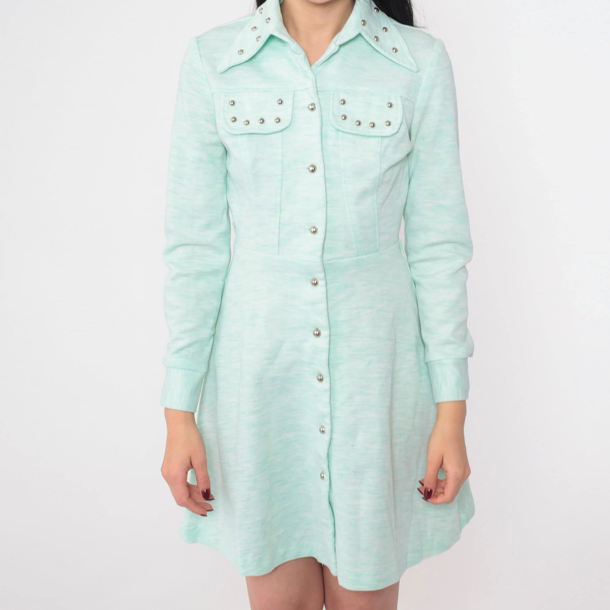 70s Studded Mint Button-Up Minidress Long Sleeve Collared Extra Small