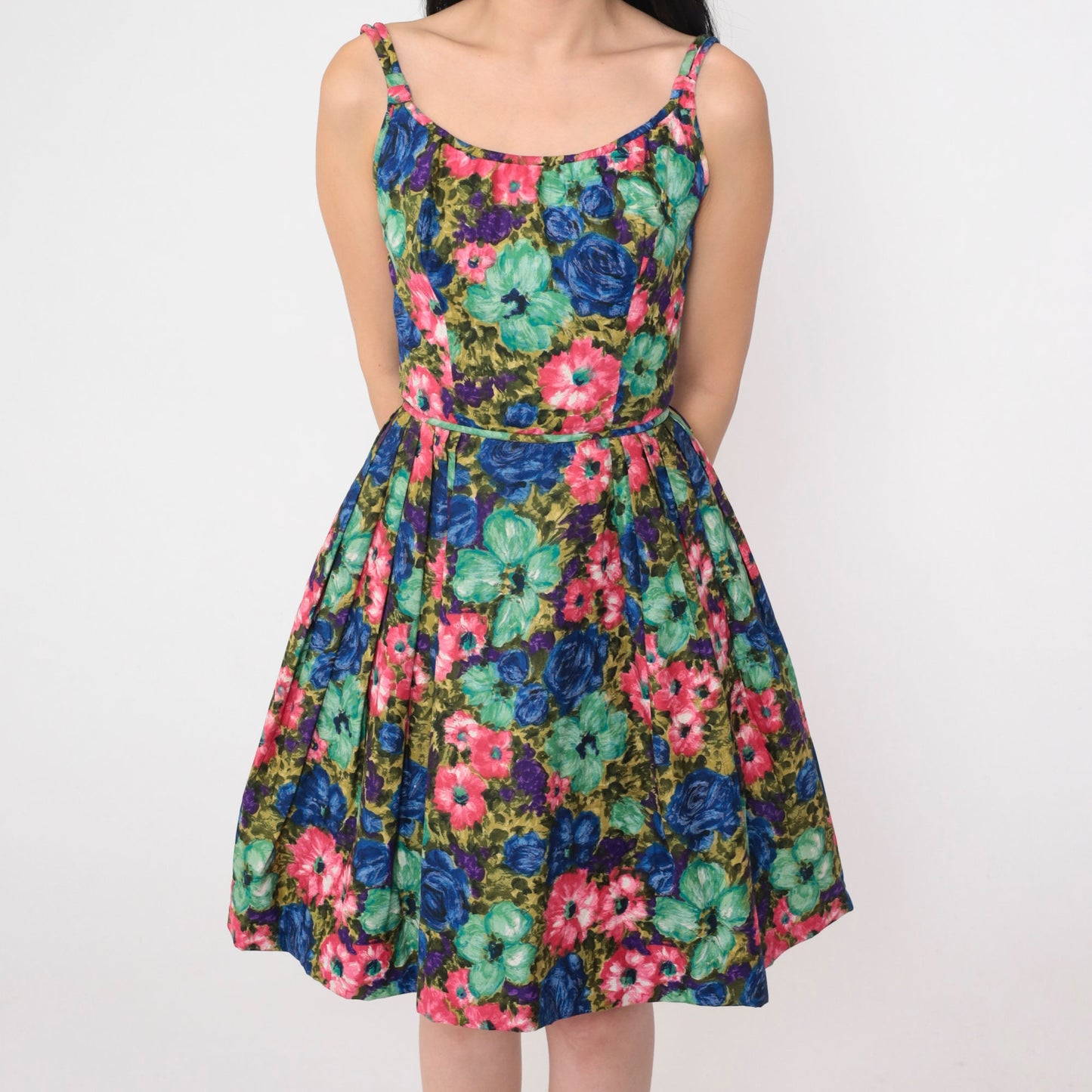 60s Floral Mini Dress High Waist Sleeveless Full Skirt Cocktail XXS