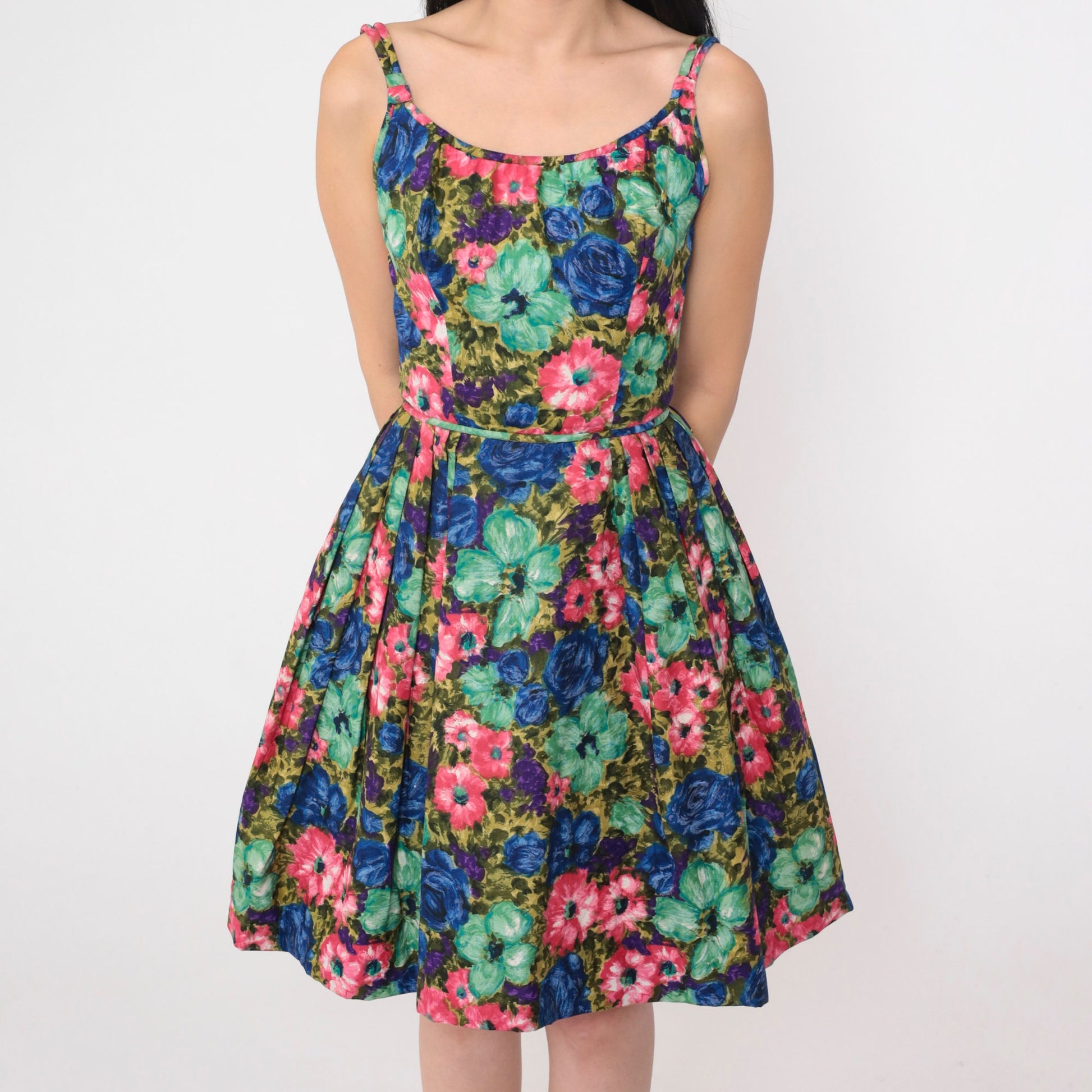 60s Floral Mini Dress High Waist Sleeveless Full Skirt Cocktail XXS