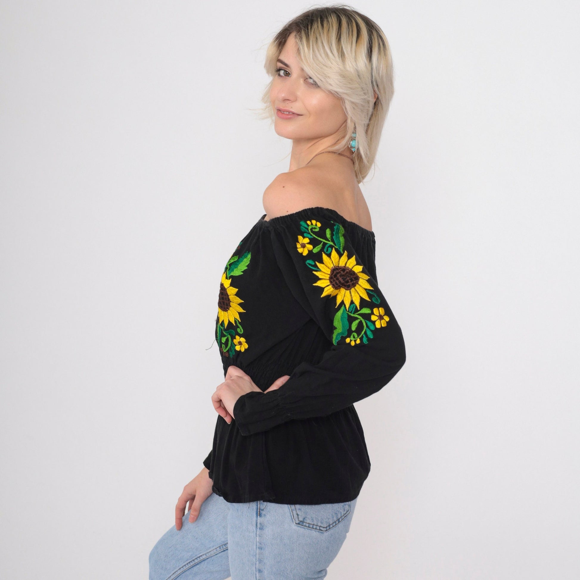 90s Mexican Embroidered Blouse Black Off-Shoulder Sunflower Smocked Small