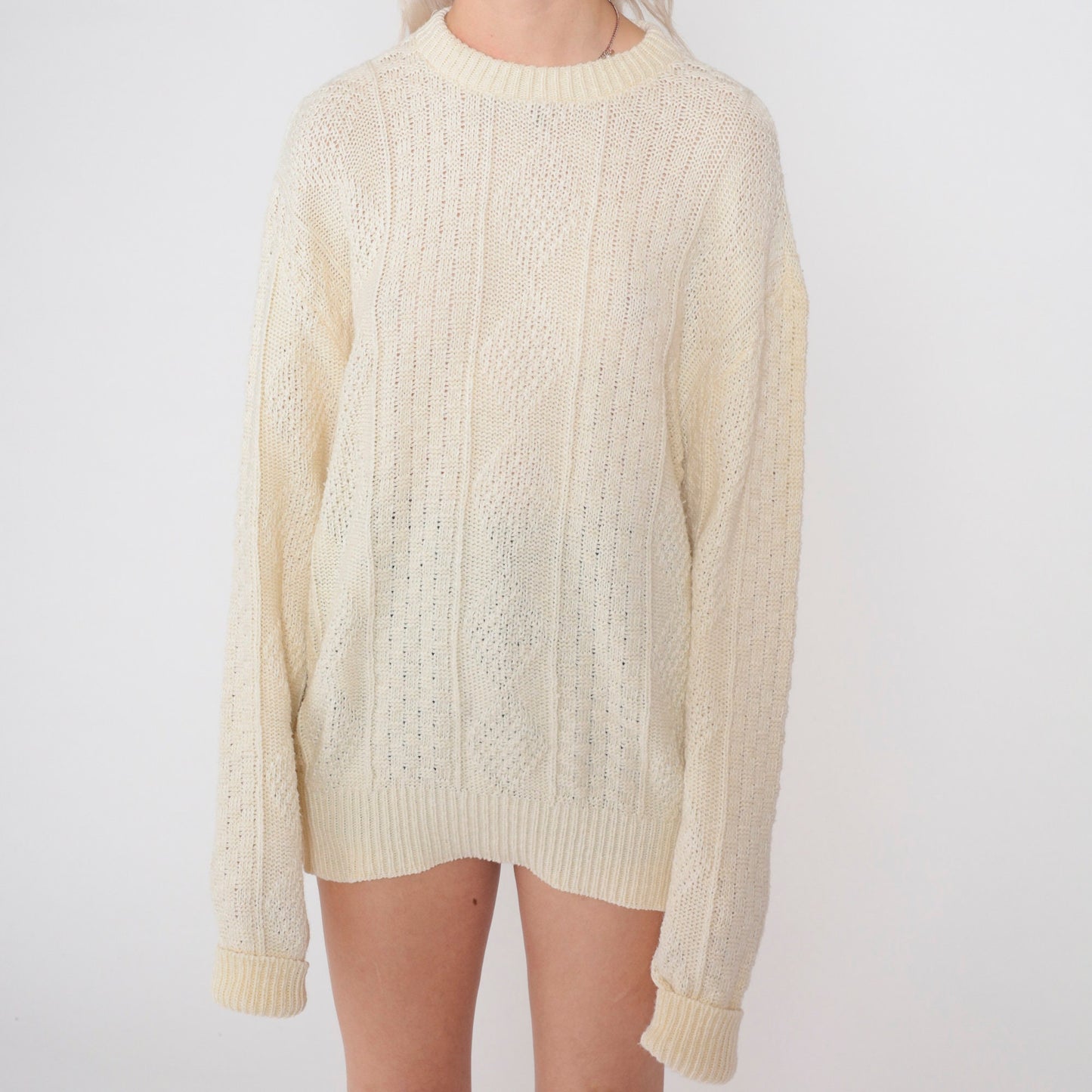 80s Cream Diamond Knit Pullover Sweater Textured Crewneck Large