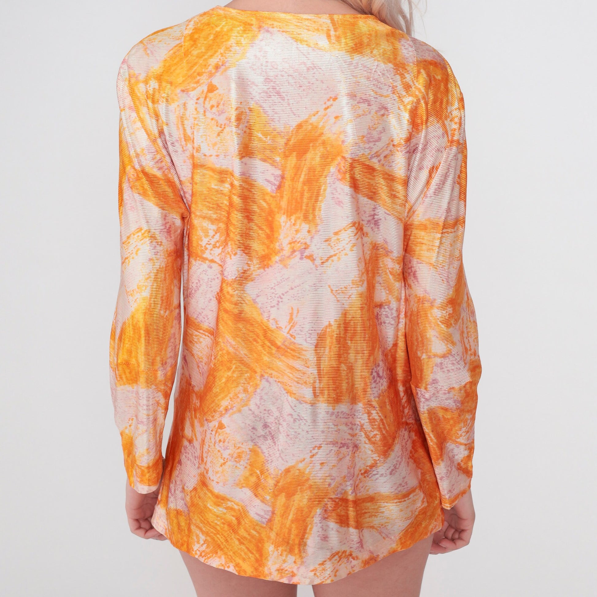 70s Abstract Brushstroke Print Blouse Long Sleeve Button Up Orange Purple Medium