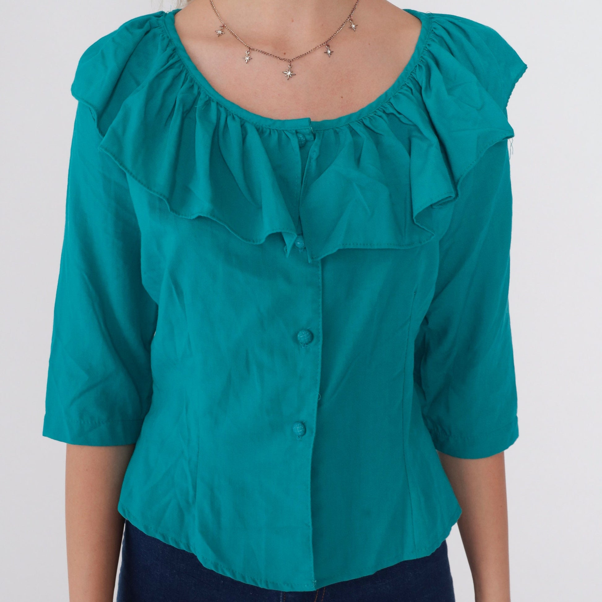 80s Teal Ruffled Neckline Button-Up Blouse 3/4 Sleeve Medium