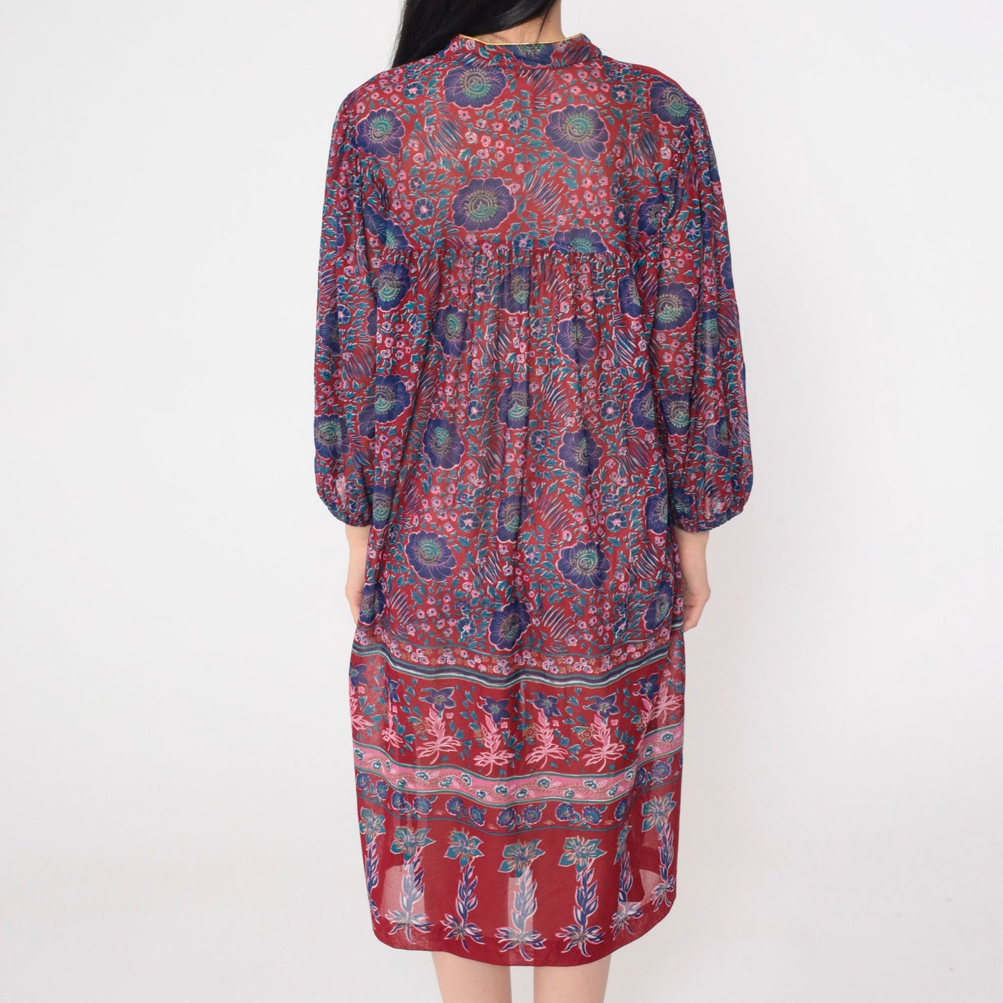 70s Tabby California Midi Dress Indian Floral Print Long Sleeve Red Blue XL