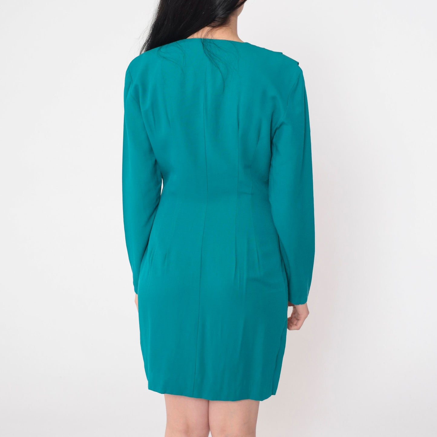 90s All That Jazz Teal Mini Dress Button-Up Long Sleeve V-Neck Small S