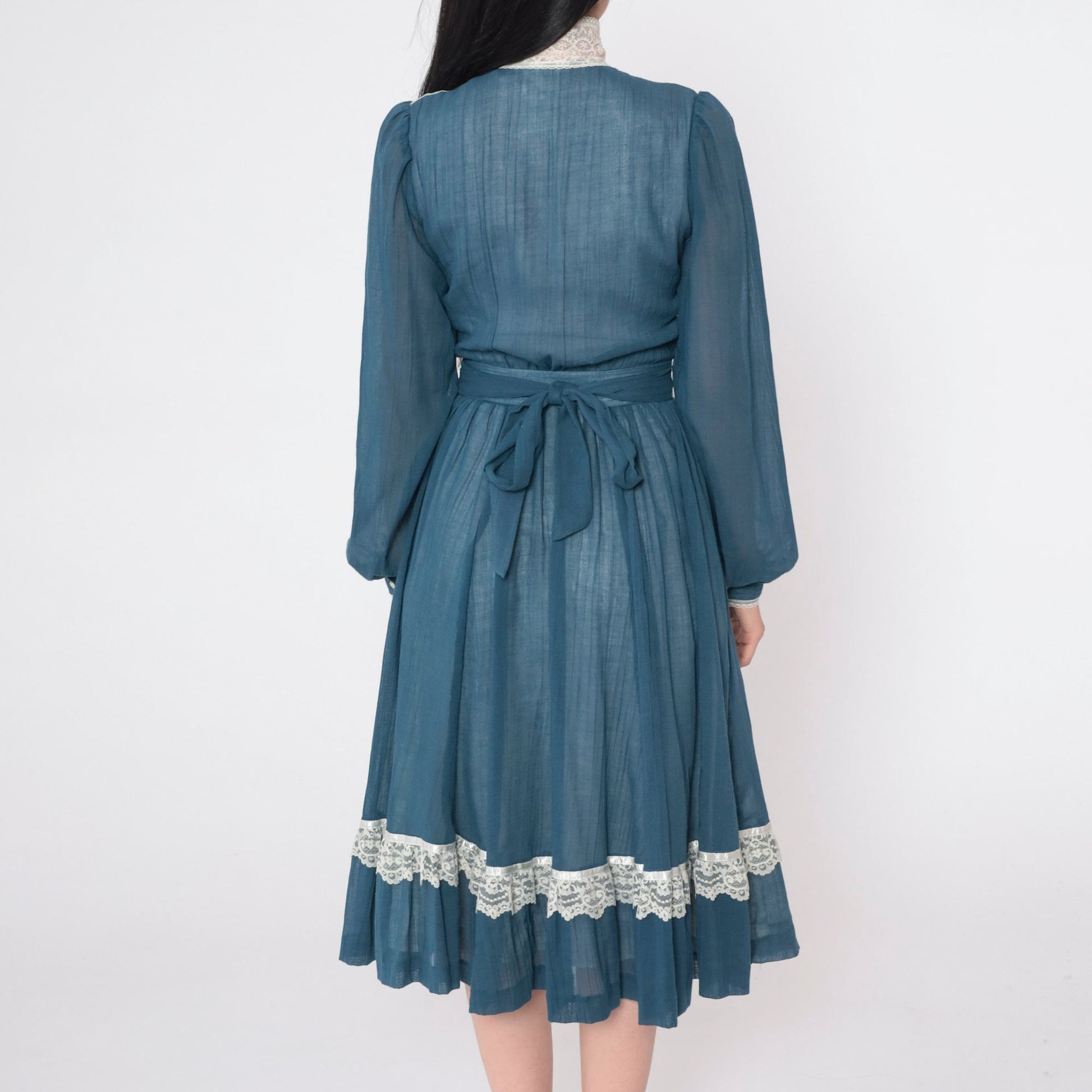 70s Gunne Sax Prairie Midi Dress Blue Lace Puff Sleeve High Waist Extra Small