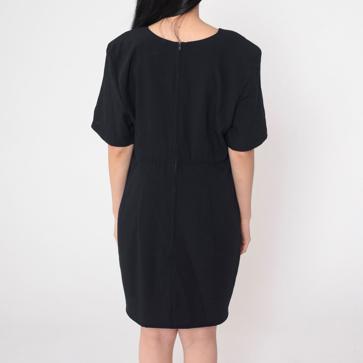 90s Kathie Lee Black Mini Shift Dress Soutache Trim Short Sleeve Large