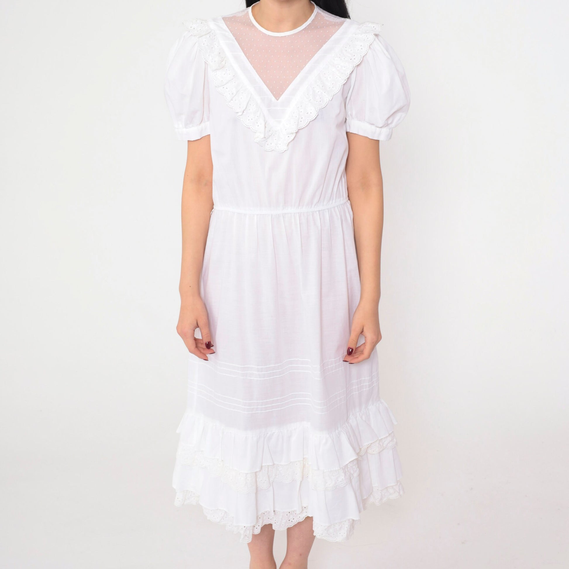 70s Jody White Eyelet Midi Dress Puff Sleeve Lace Yoke Small