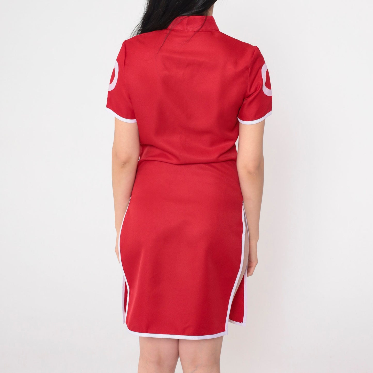 Y2K Red Mini Dress Pink Ring Print Mandarin Collar Side Slit Small