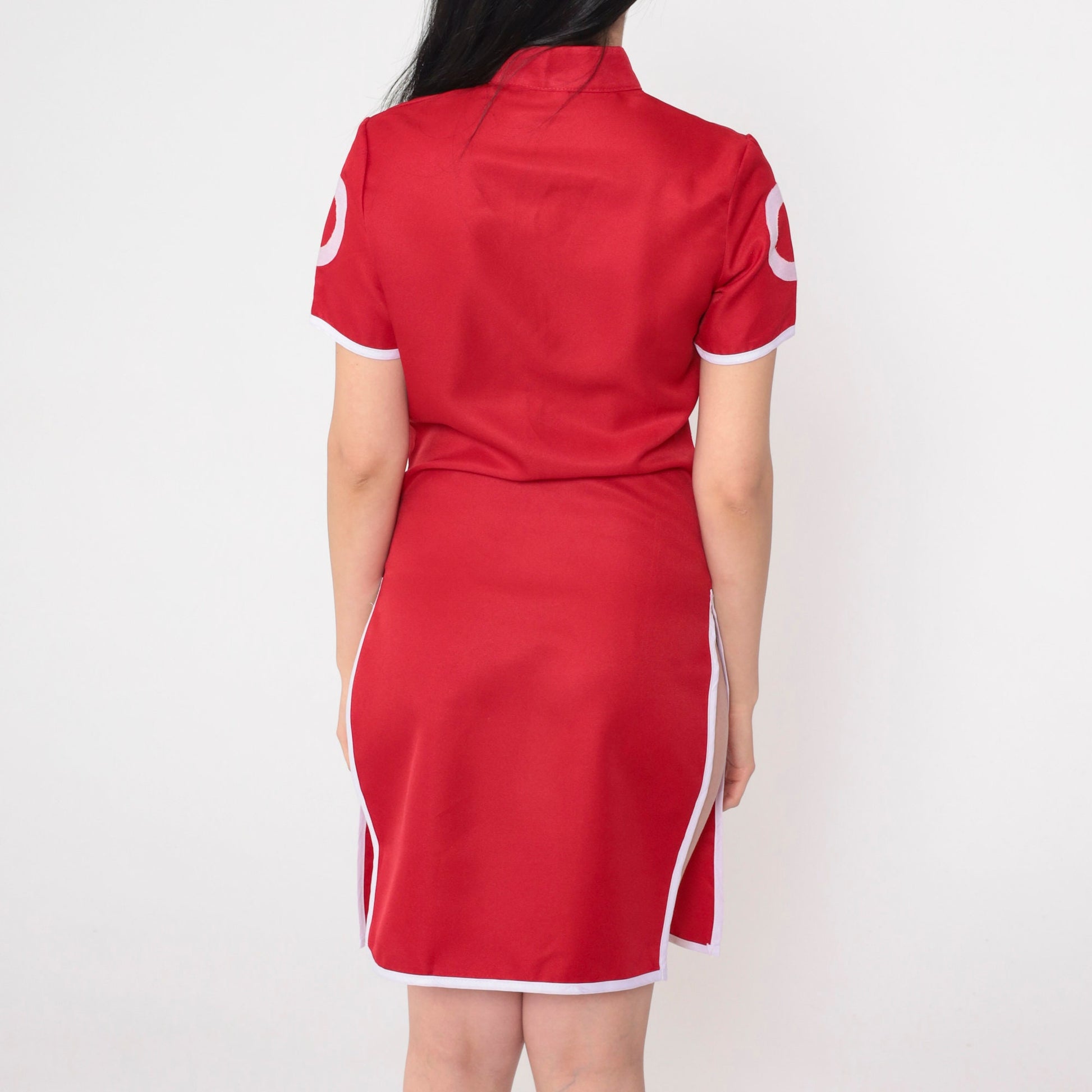 Y2K Red Mini Dress Pink Ring Print Mandarin Collar Side Slit Small