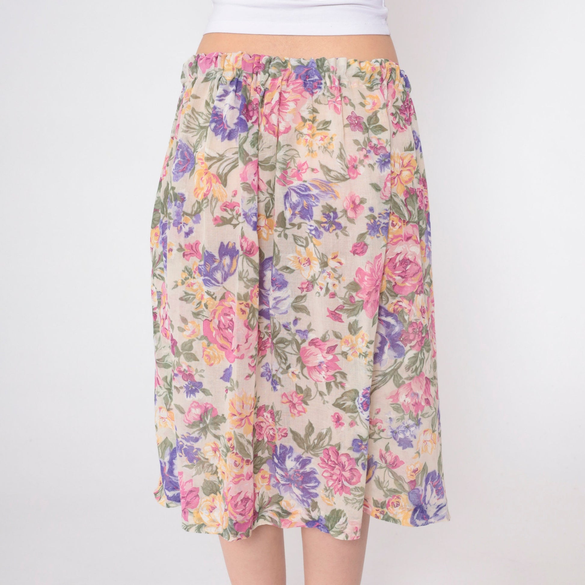 80s Floral Midi Skirt Elastic Waist Rose Print Pink Purple Tan Medium Large