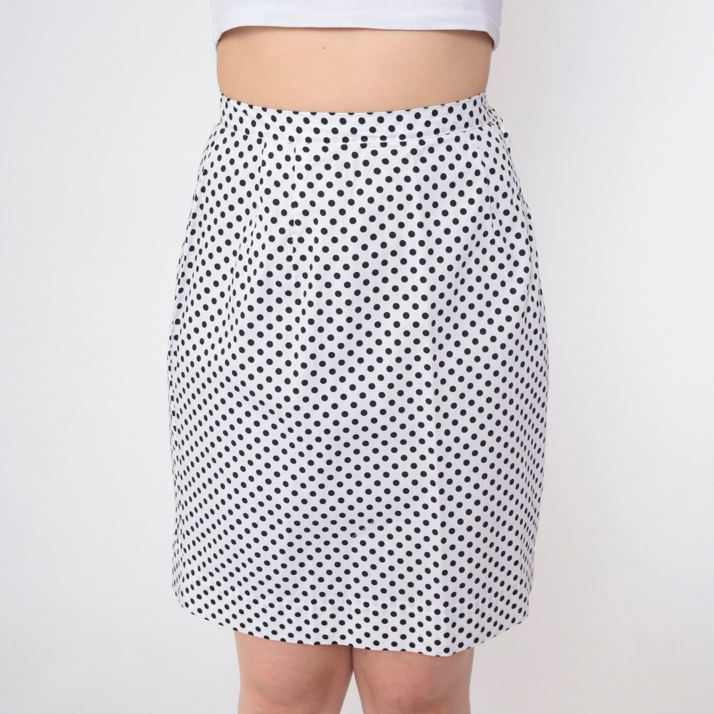 70s Polka Dot Mini Skirt High Waist Pencil Cut White Black Small