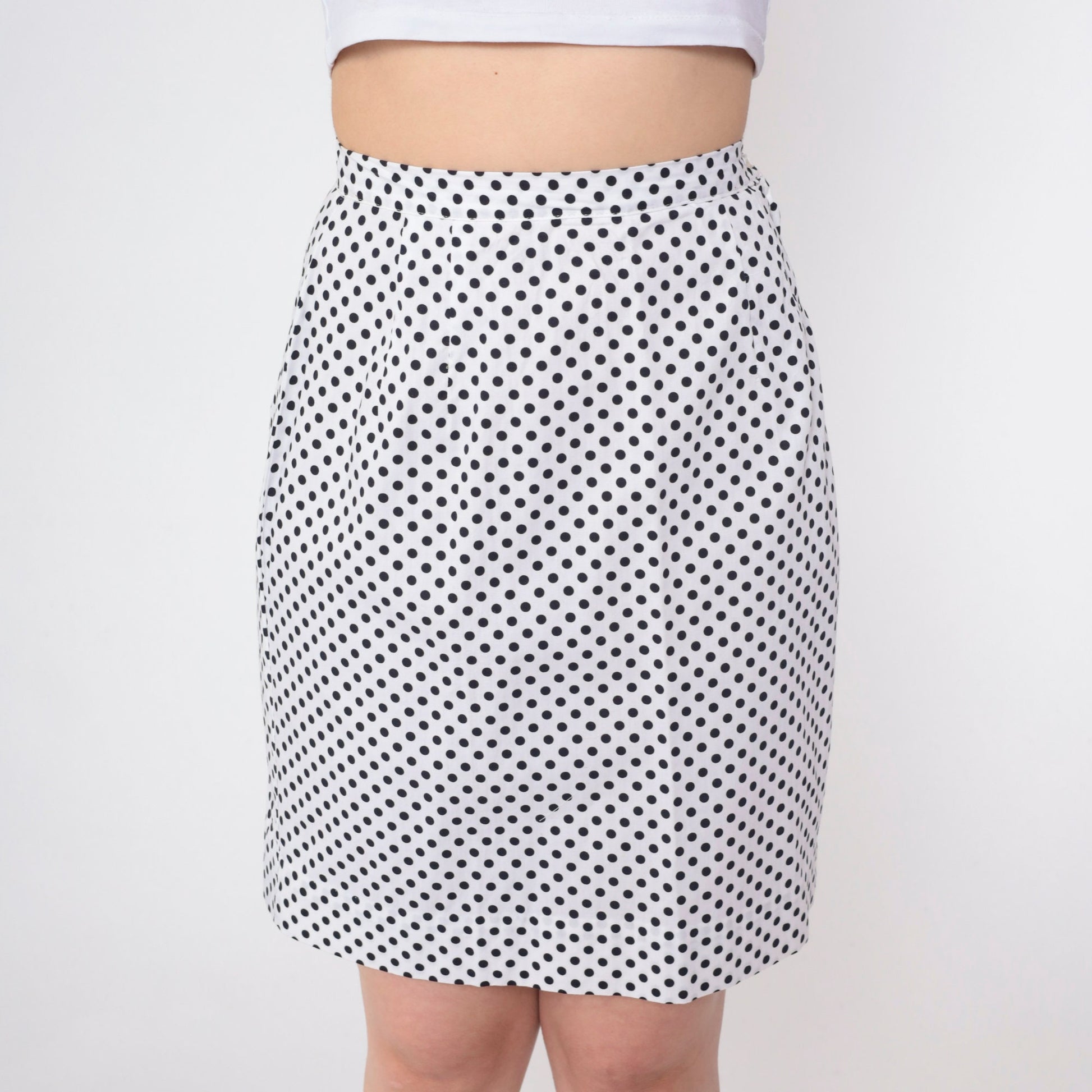 70s Polka Dot Mini Skirt High Waist Pencil Cut White Black Small