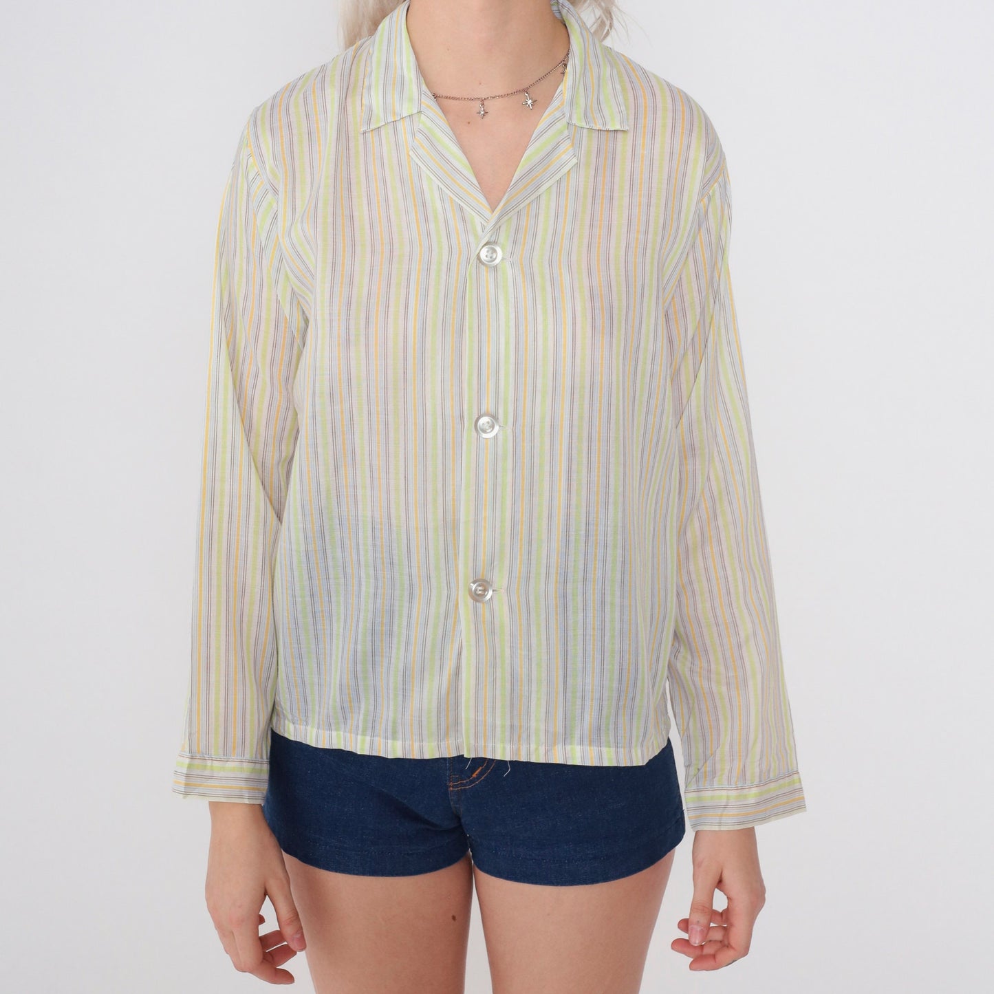 70s Striped Button-Up Shirt Lime Green Yellow Blue Collar Long Sleeve Small