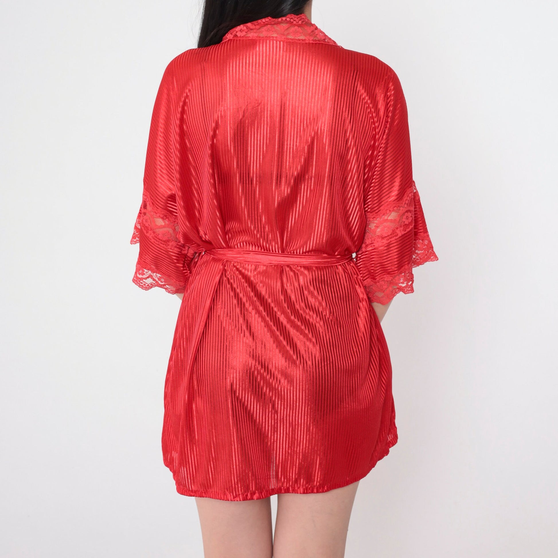 90s Fredericks of Hollywood Red Lace Striped Tie-Front Robe Mini Medium M