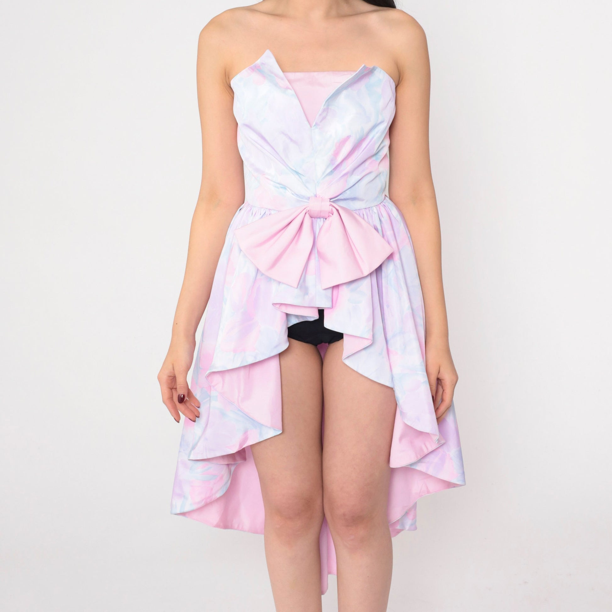 80s Strapless Waterfall Hem Dress Pastel Pink Purple Floral Bow Extra Small
