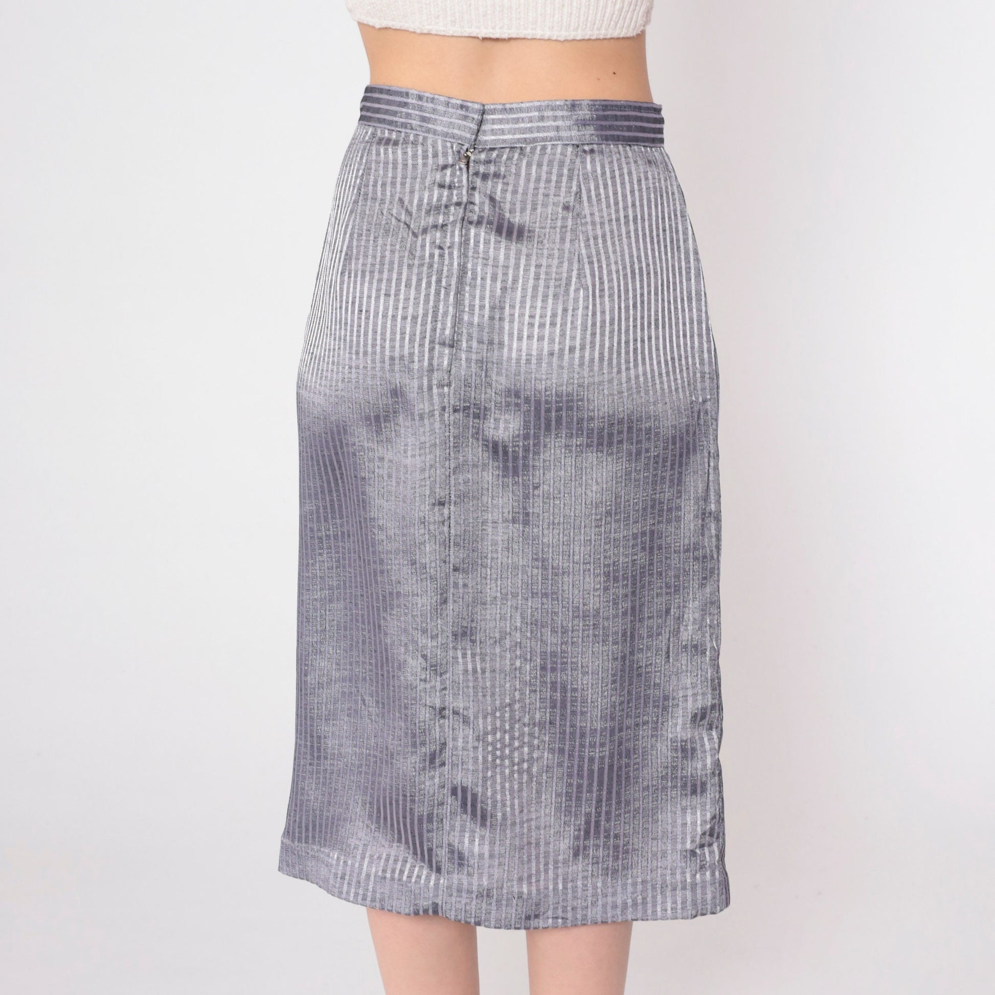 70s Pinstriped Grey Midi Pencil Skirt High Waisted Pleated Small