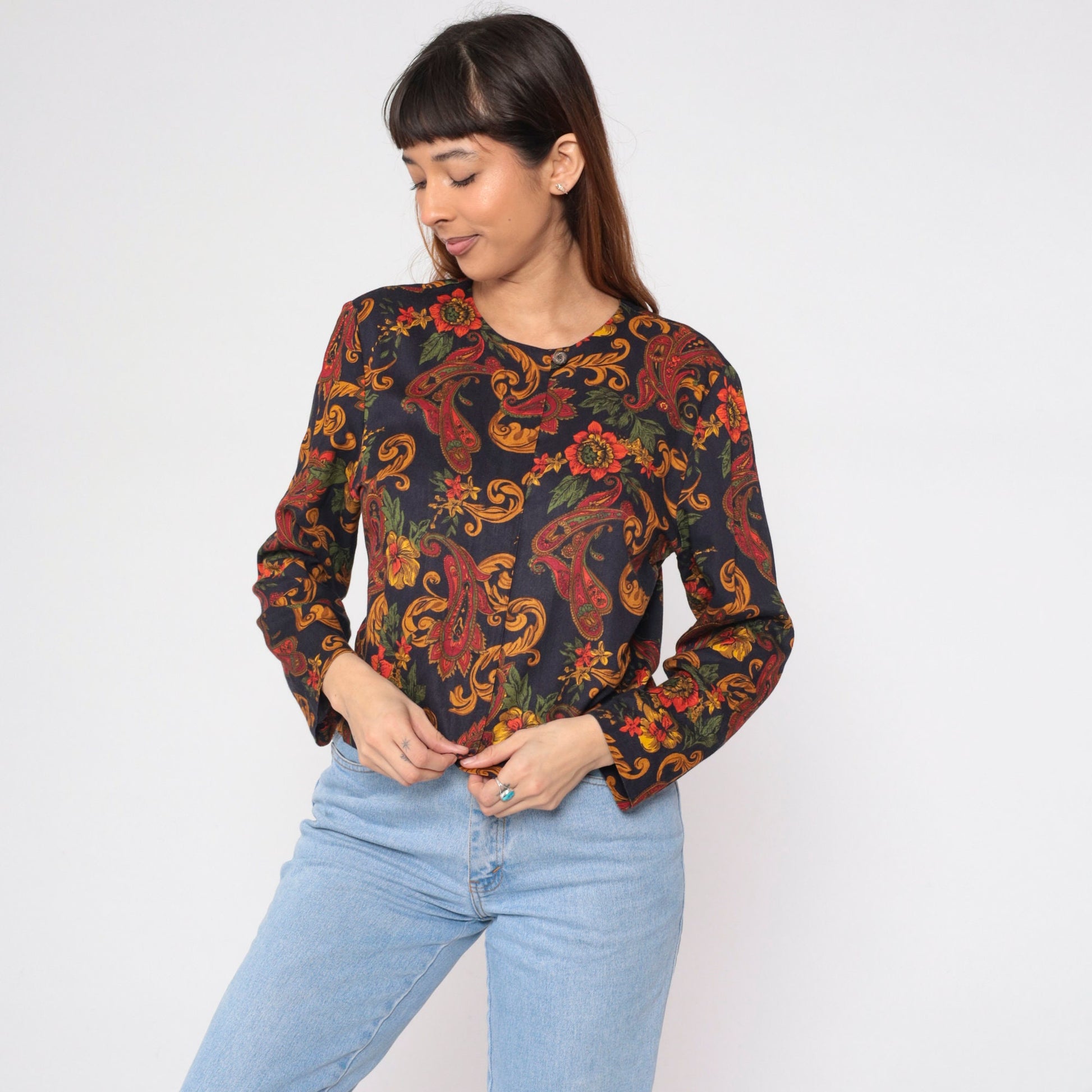90s Norton McNaughton Paisley Floral Button-Up Blouse Black Gold Long Sleeve Medium