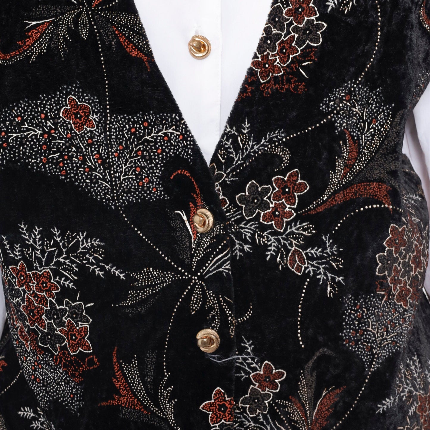 90s Joanna White Button-Up Blouse Black Floral Attached Vest Long Sleeve Large L