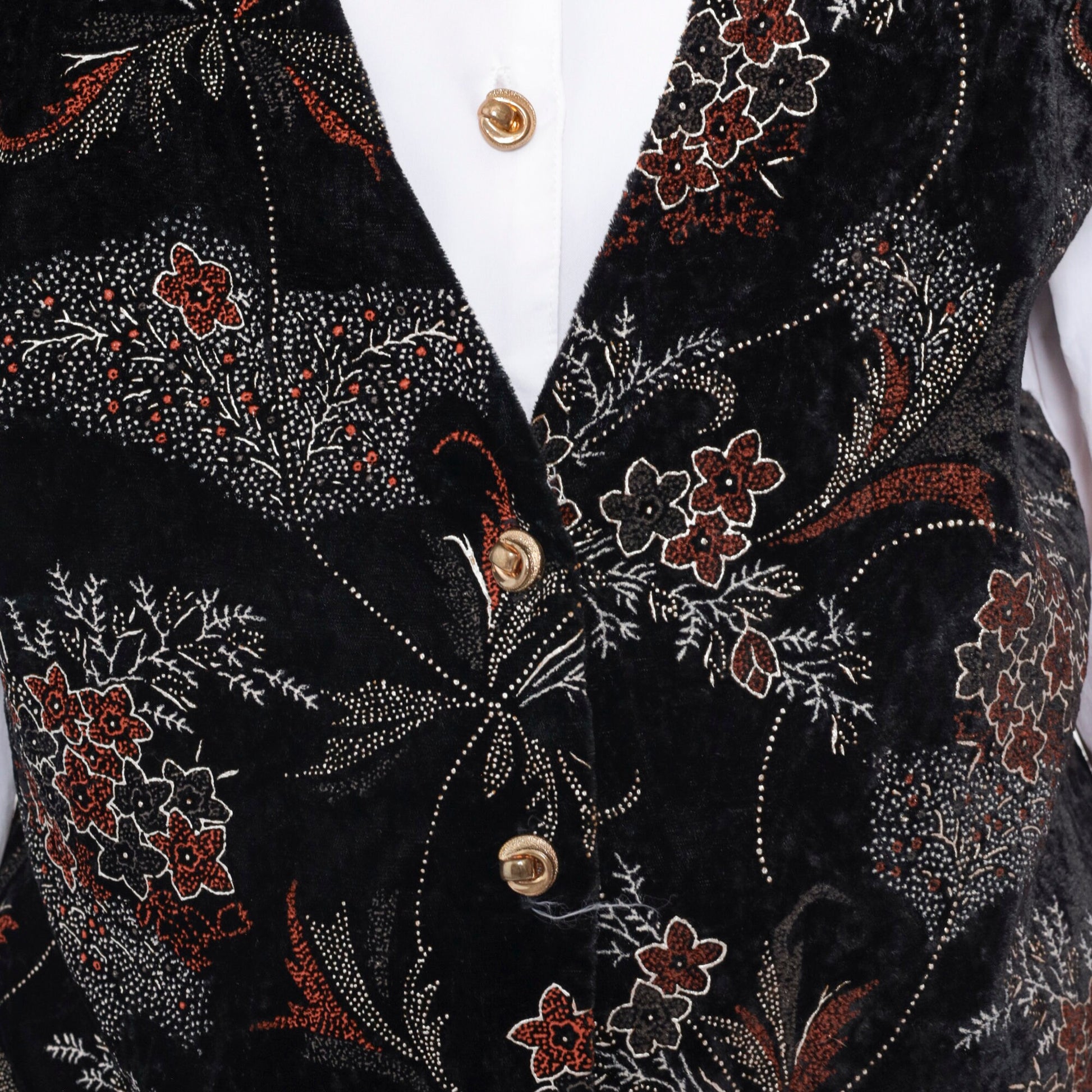90s Joanna White Button-Up Blouse Black Floral Attached Vest Long Sleeve Large L