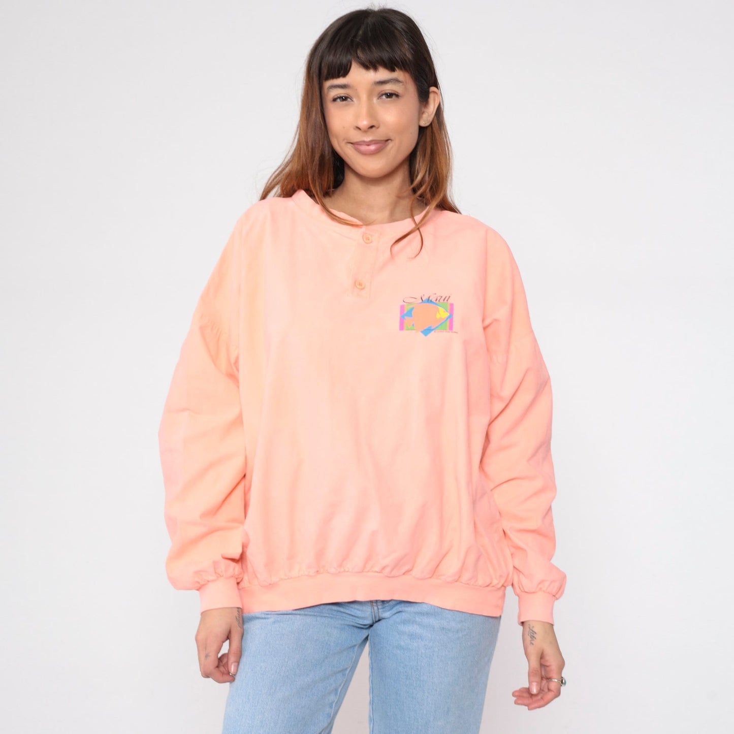 90s Crazy Shirts Maui Tropical Fish Henley Sweatshirt Peach Pink Extra Large XXL