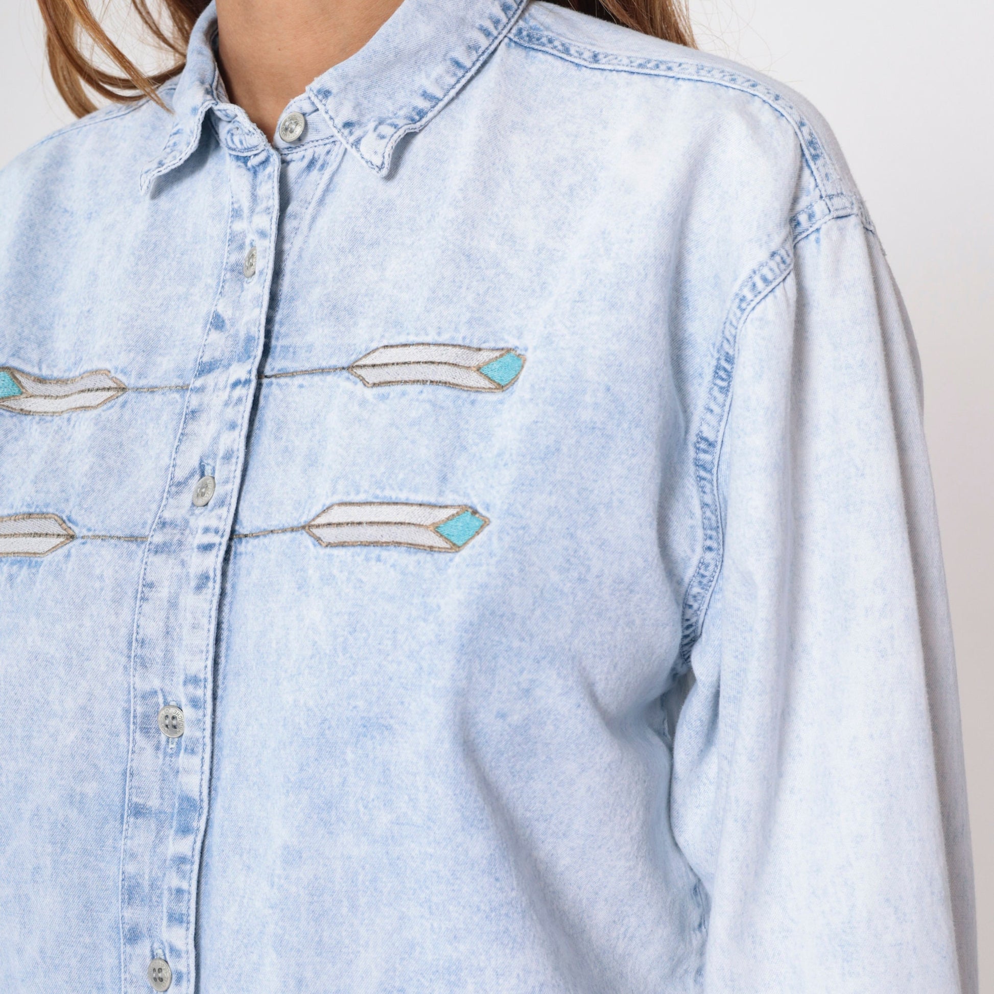 90s Jordache Denim Shirt Light Blue Embroidered Feather Southwestern Button Up Medium