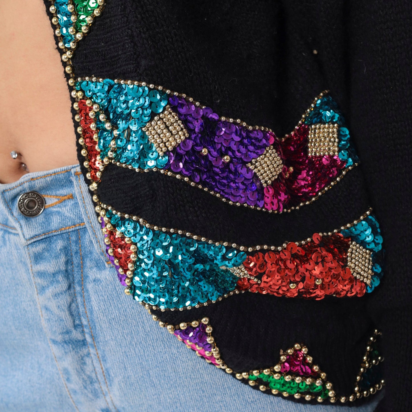 90s Cristina Black Silk Angora Cardigan Sequin Beaded Geometric Small S