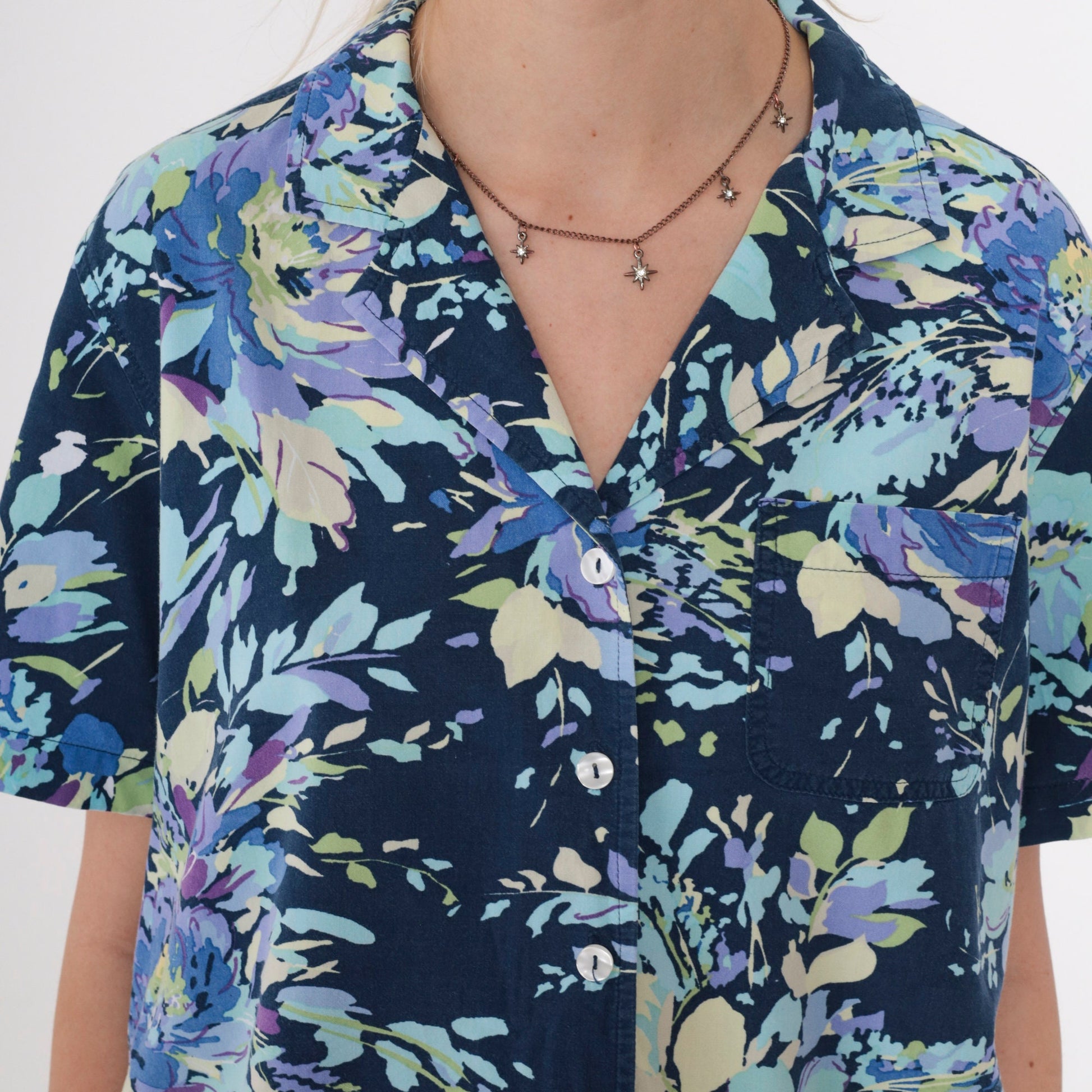 90s Floral Blouse Dark Blue Short Sleeve Button Up Shirt Medium
