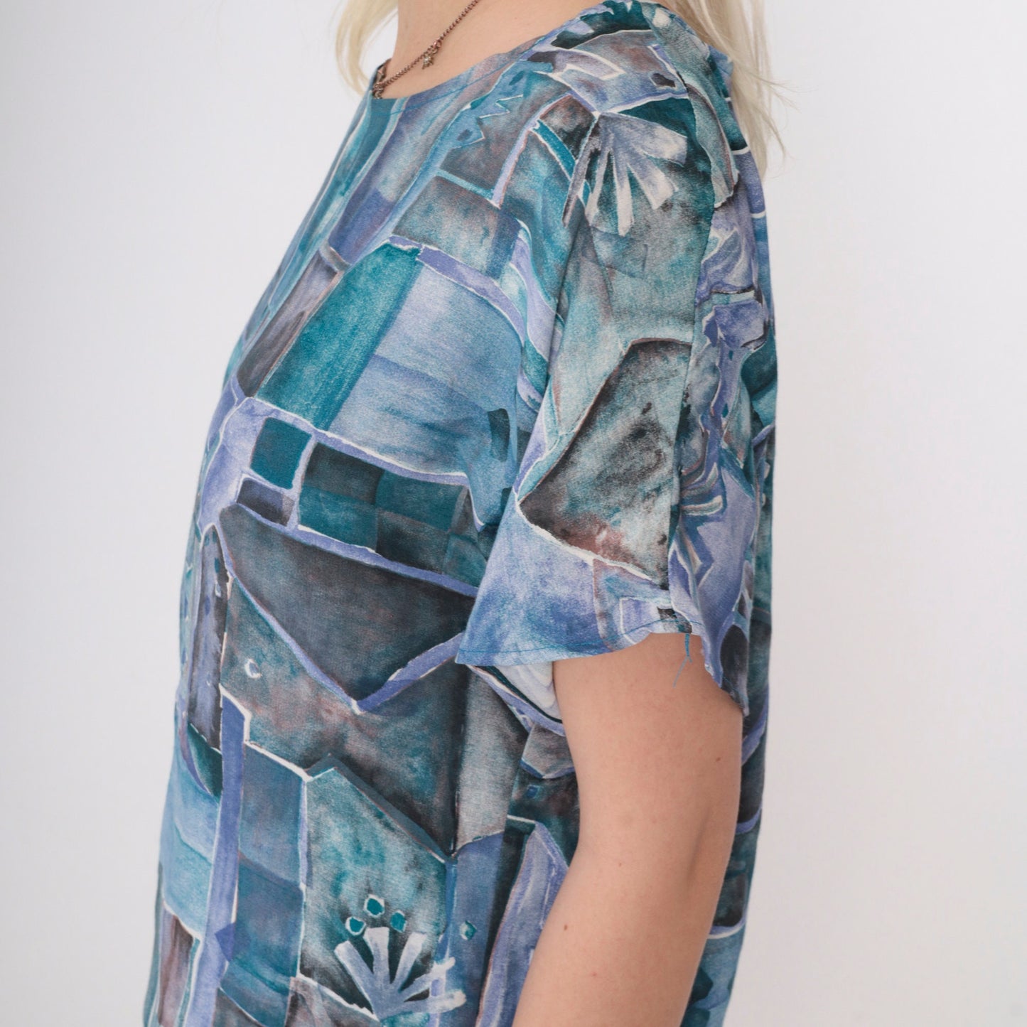 90s Susan Burrowes Watercolor Geometric Blouse Blue Short Sleeve Petite 6