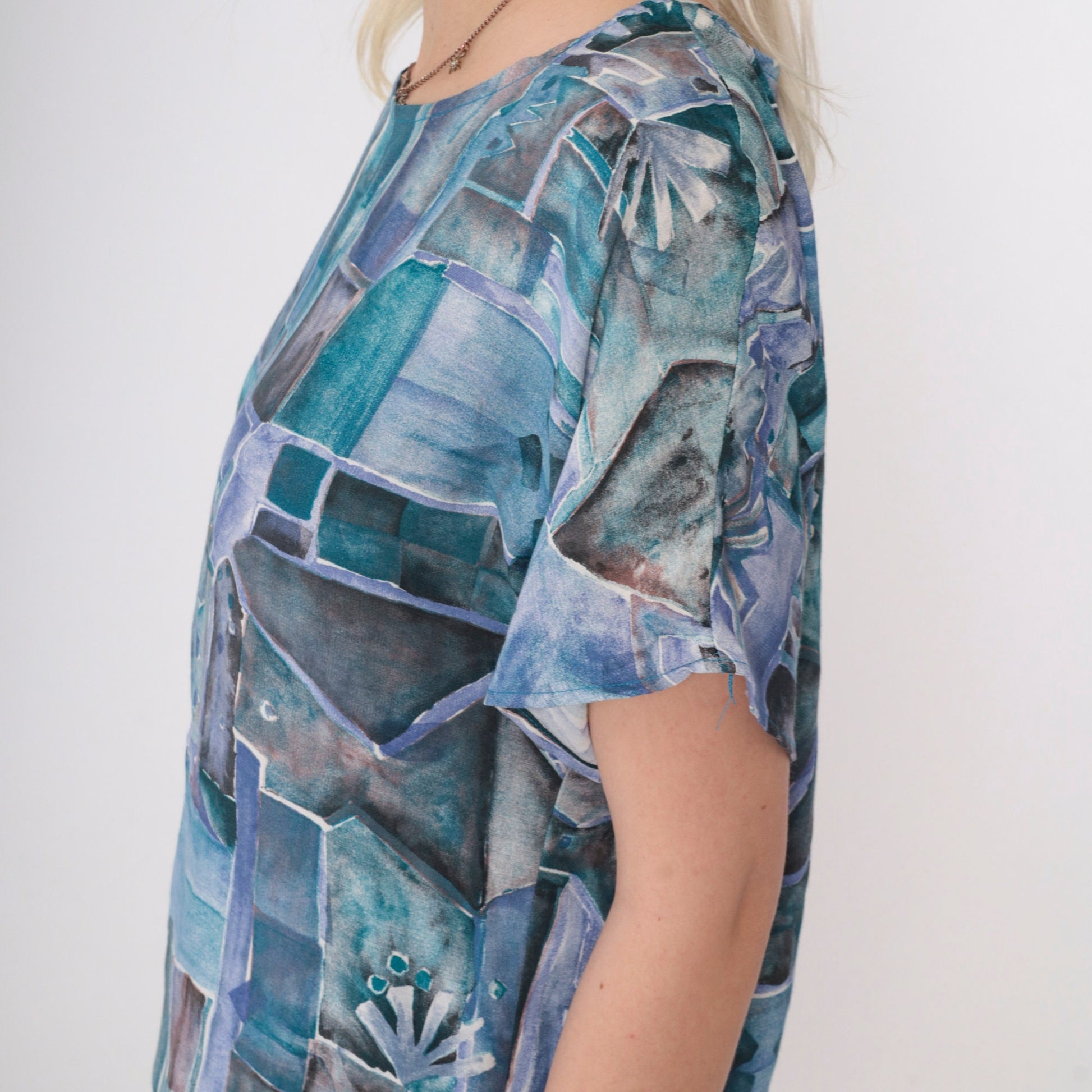 90s Susan Burrowes Watercolor Geometric Blouse Blue Short Sleeve Petite 6