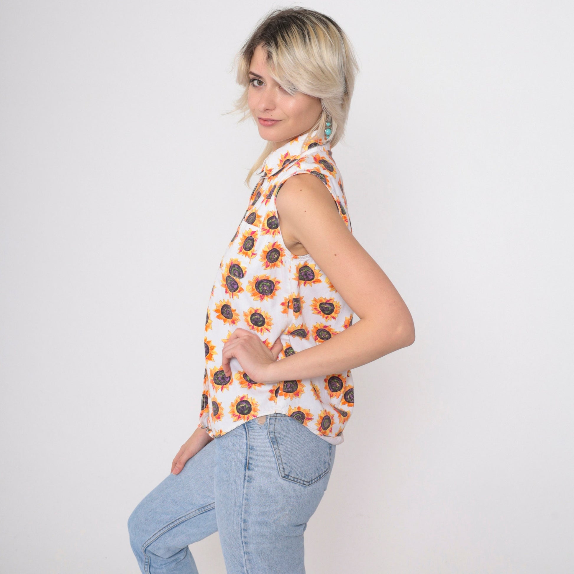 90s Sunflower Tank Top White Cotton Button-Up Sleeveless Blouse Small